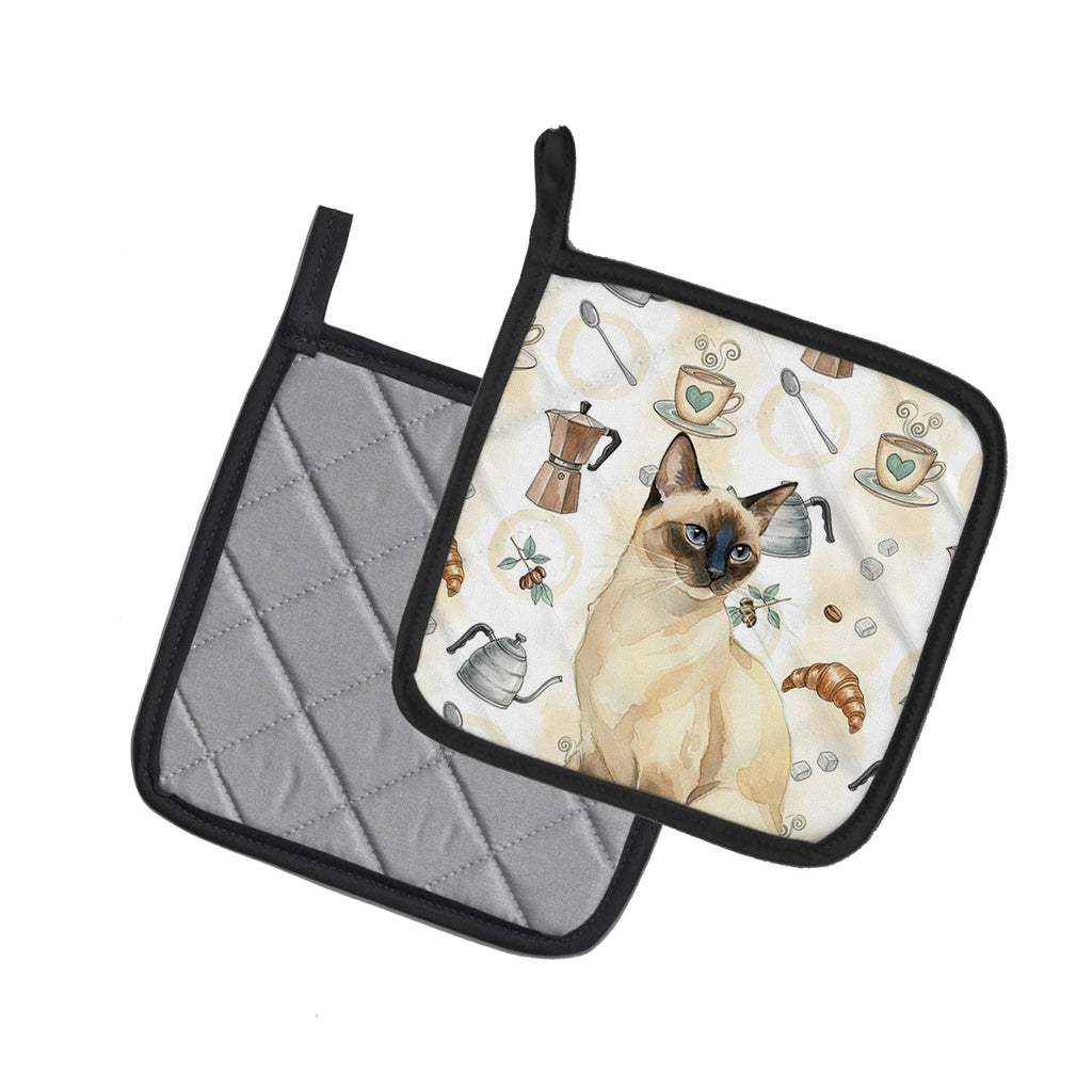 Seal Point Cat Coffee Time Pot Holder Set of 2 Heat Resistant Quilted Hot Pads 7.5 x 7.5 Inch, Insulated Kitchen Trivets for Cooking & Baking