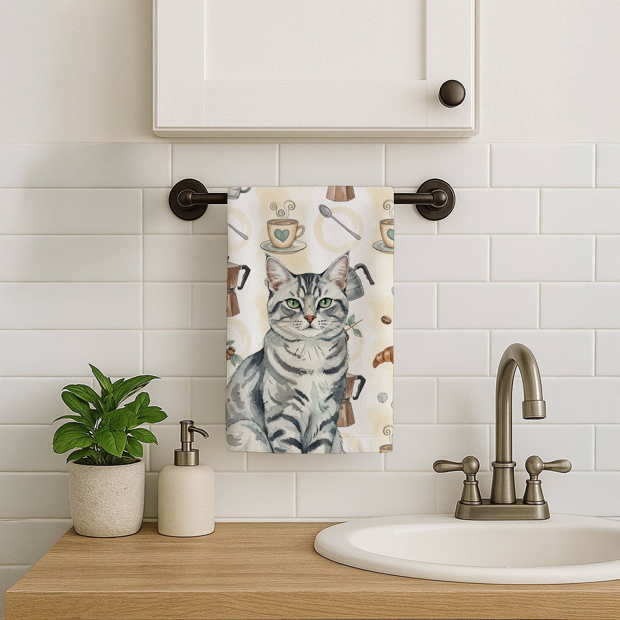 Silver Classic Tabby Cat Coffee Time Kitchen Towel Velour Plush Front and Cotton Loop Back Machine Washable