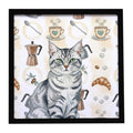 Silver Classic Tabby Cat Coffee Time Framed Metal Print Bathroom, Kitchen, Office, Home Decor Wall Art Ready to Hang, Square, 8X8