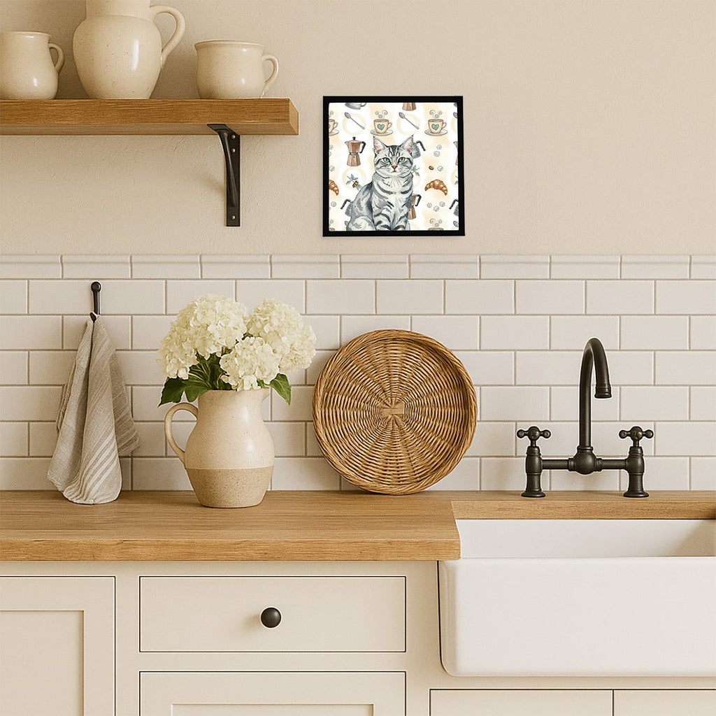 Silver Classic Tabby Cat Coffee Time Framed Metal Print Bathroom, Kitchen, Office, Home Decor Wall Art Ready to Hang, Square, 8X8