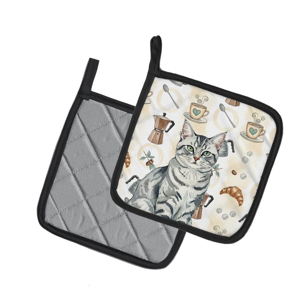 Silver Classic Tabby Cat Coffee Time Pot Holder Set of 2 Heat Resistant Quilted Hot Pads 7.5 x 7.5 Inch, Insulated Kitchen Trivets for Cooking & Baking