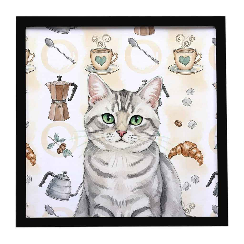Silver Mackerel Tabby Cat Coffee Time Framed Metal Print Bathroom, Kitchen, Office, Home Decor Wall Art Ready to Hang, Square, 8X8