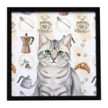 Silver Mackerel Tabby Cat Coffee Time Framed Metal Print Bathroom, Kitchen, Office, Home Decor Wall Art Ready to Hang, Square, 8X8