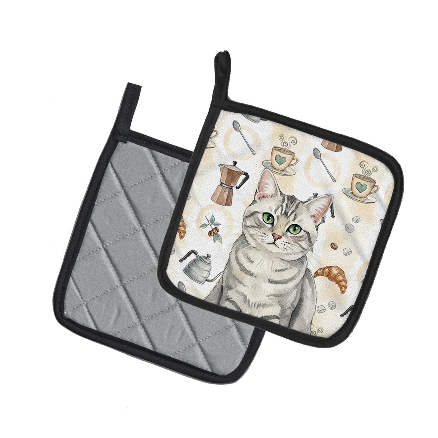 Silver Mackerel Tabby Cat Coffee Time Pot Holder Set of 2 Heat Resistant Quilted Hot Pads 7.5 x 7.5 Inch, Insulated Kitchen Trivets for Cooking & Baking