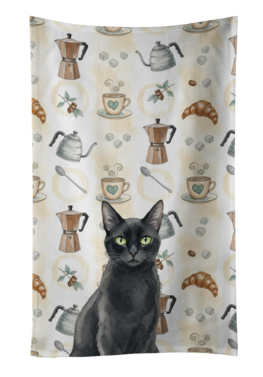 Solid Black Cat Coffee Time Kitchen Towel Velour Plush Front and Cotton Loop Back Machine Washable