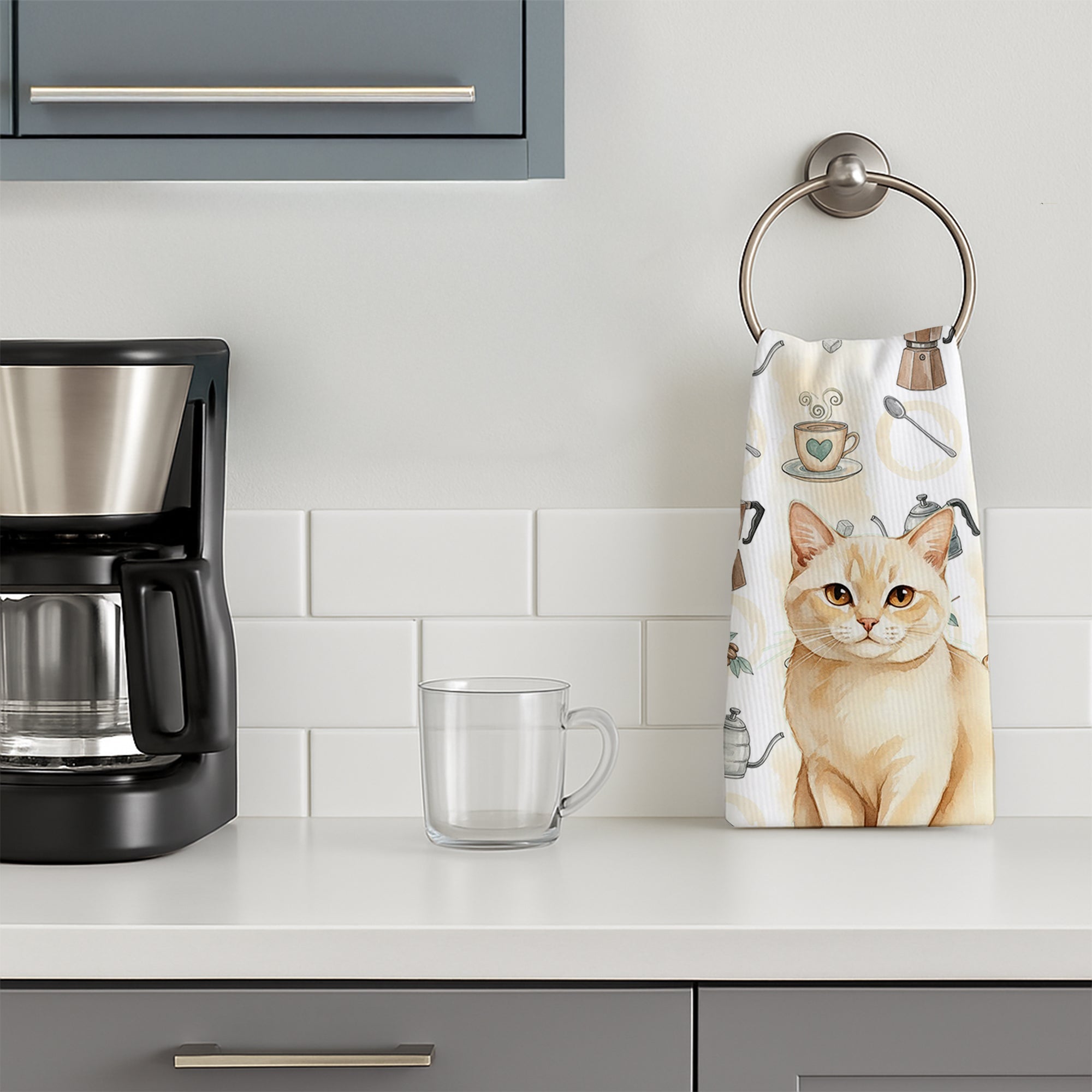 Solid Cream Cat Coffee Time Kitchen Towel Velour Plush Front and Cotton Loop Back Machine Washable