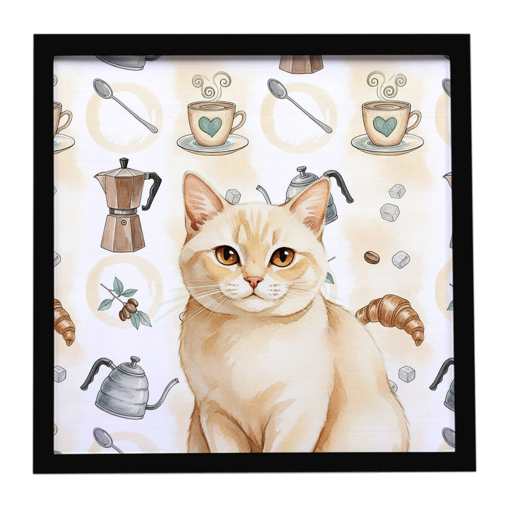 Solid Cream Cat Coffee Time Framed Metal Print Bathroom, Kitchen, Office, Home Decor Wall Art Ready to Hang, Square, 8X8