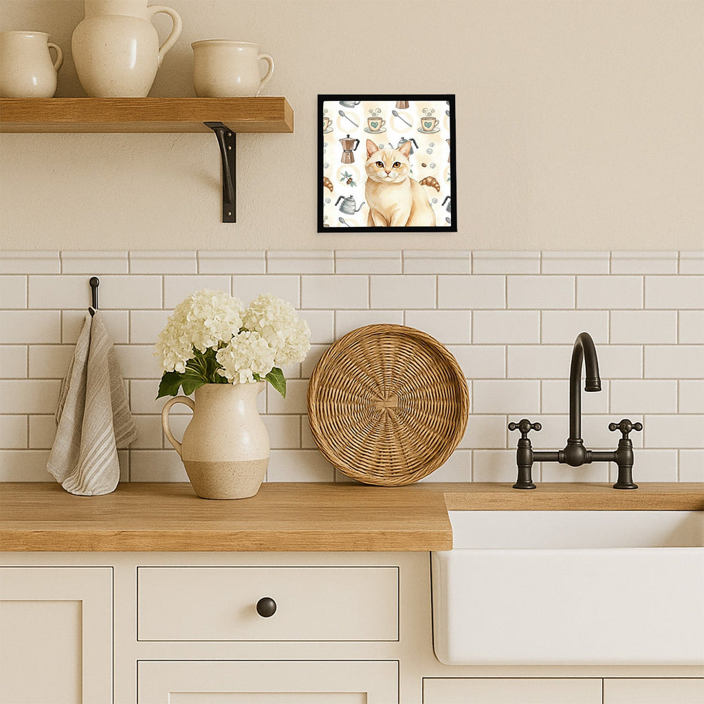 Solid Cream Cat Coffee Time Framed Metal Print Bathroom, Kitchen, Office, Home Decor Wall Art Ready to Hang, Square, 8X8