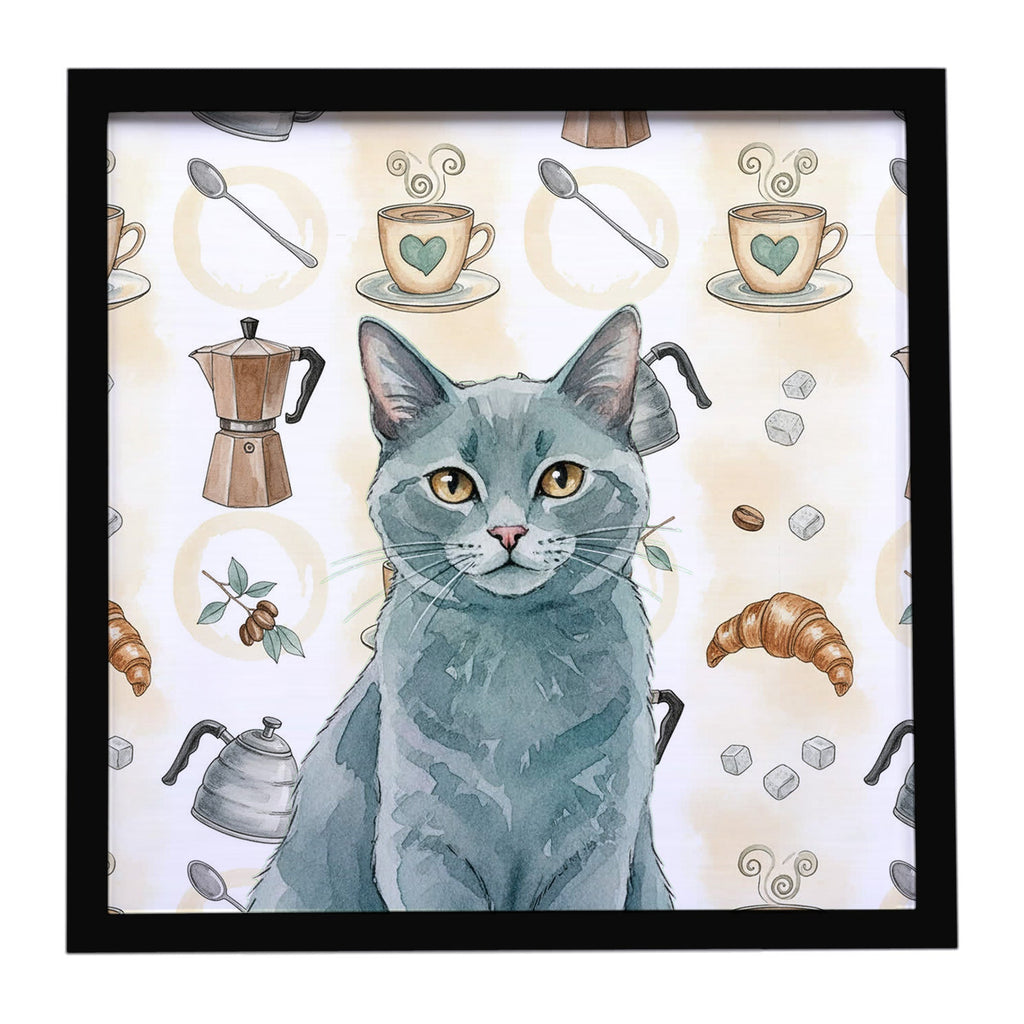 Solid Gray Cat Coffee Time Framed Metal Print Bathroom, Kitchen, Office, Home Decor Wall Art Ready to Hang, Square, 8X8
