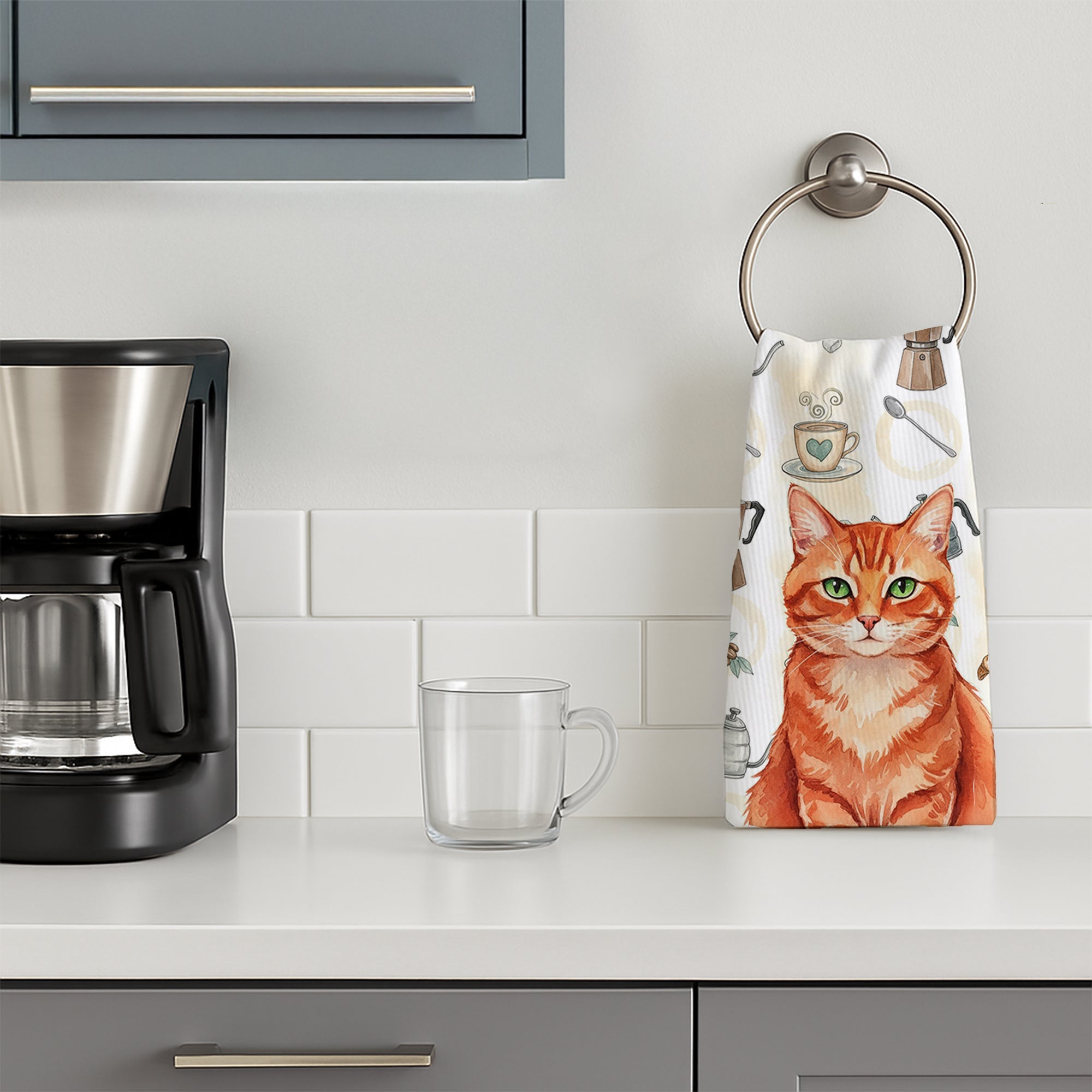 Solid Red Ginger Cat Coffee Time Kitchen Towel Velour Plush Front and Cotton Loop Back Machine Washable