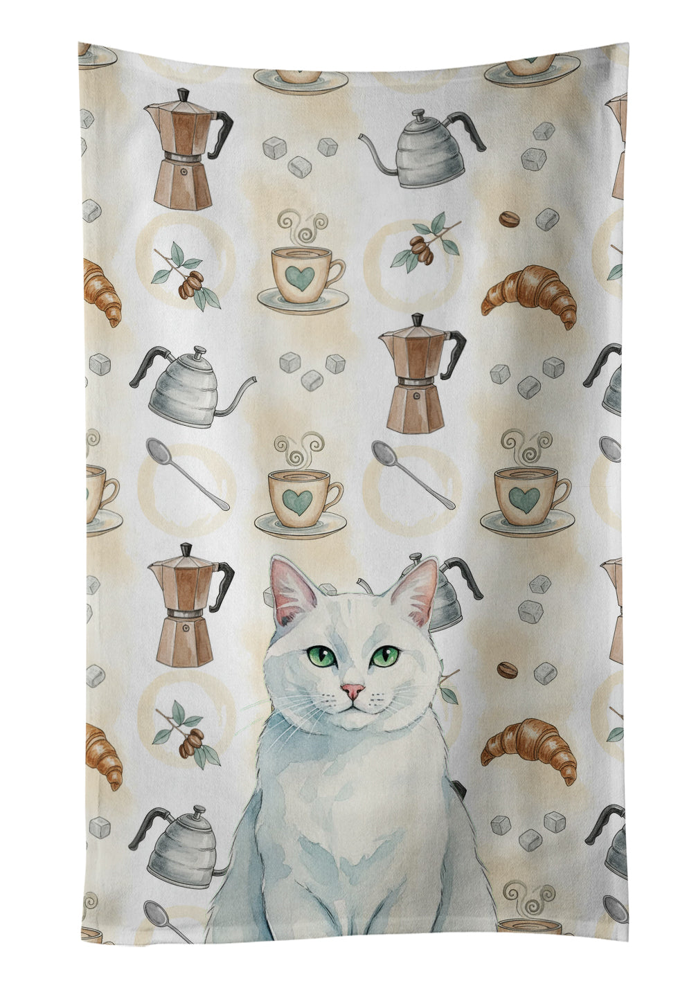 Solid White Cat Coffee Time Kitchen Towel Velour Plush Front and Cotton Loop Back Machine Washable