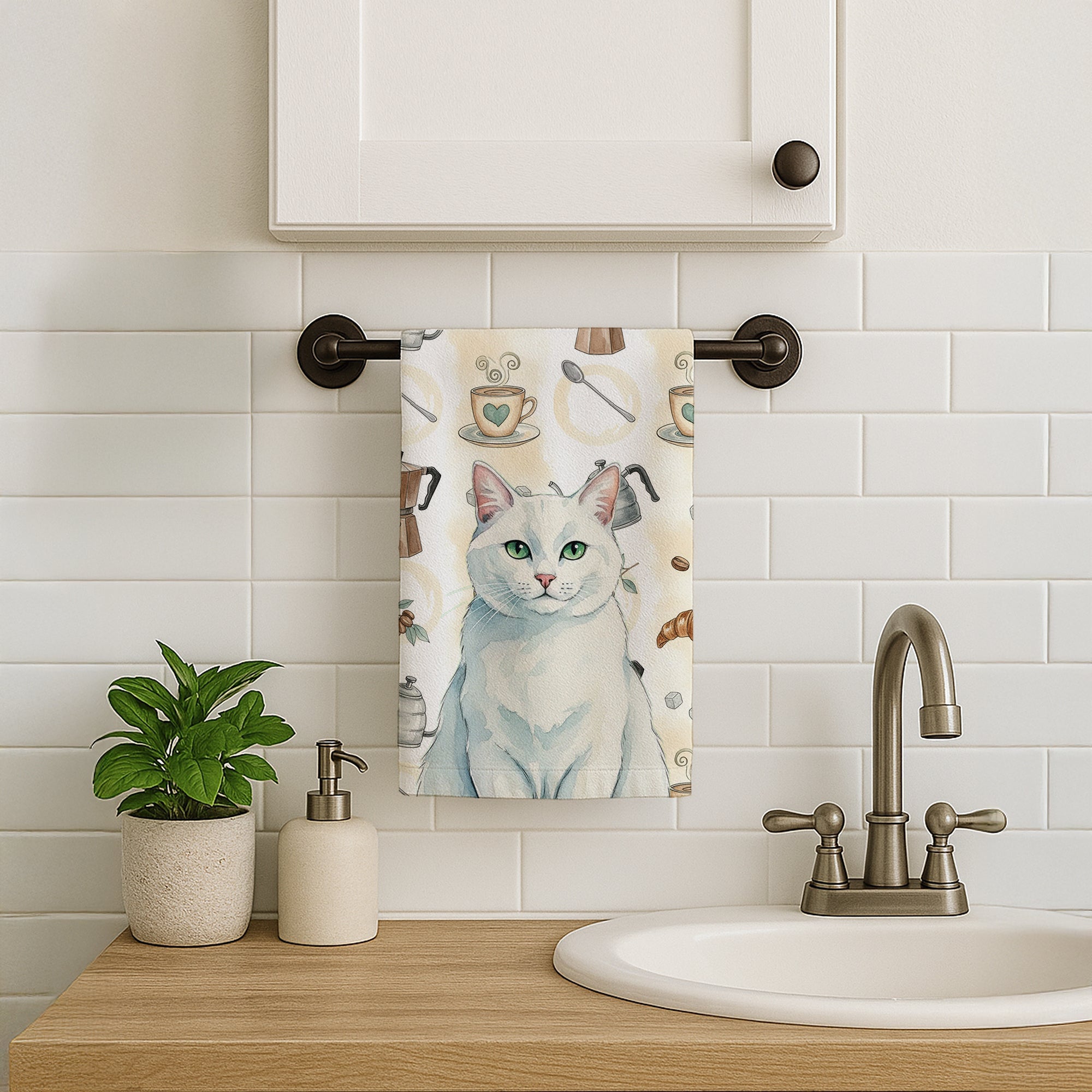 Solid White Cat Coffee Time Kitchen Towel Velour Plush Front and Cotton Loop Back Machine Washable