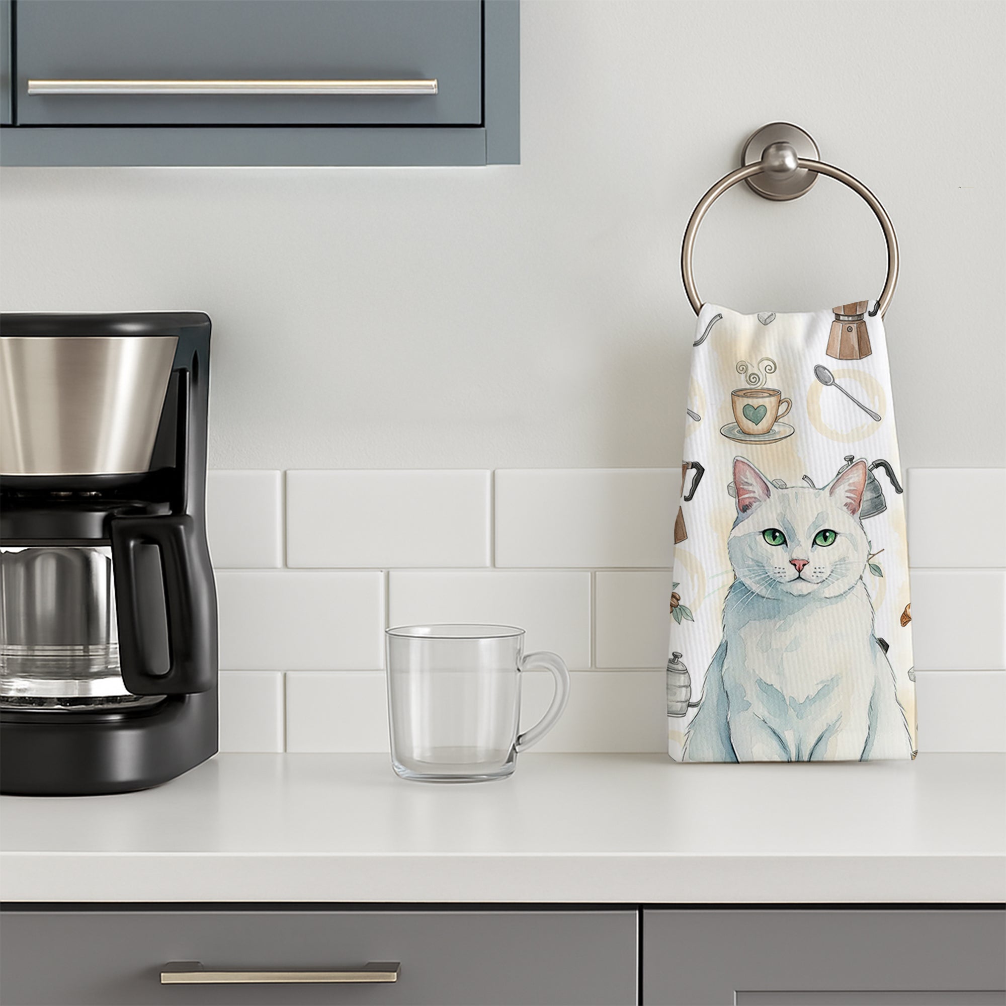 Solid White Cat Coffee Time Kitchen Towel Velour Plush Front and Cotton Loop Back Machine Washable