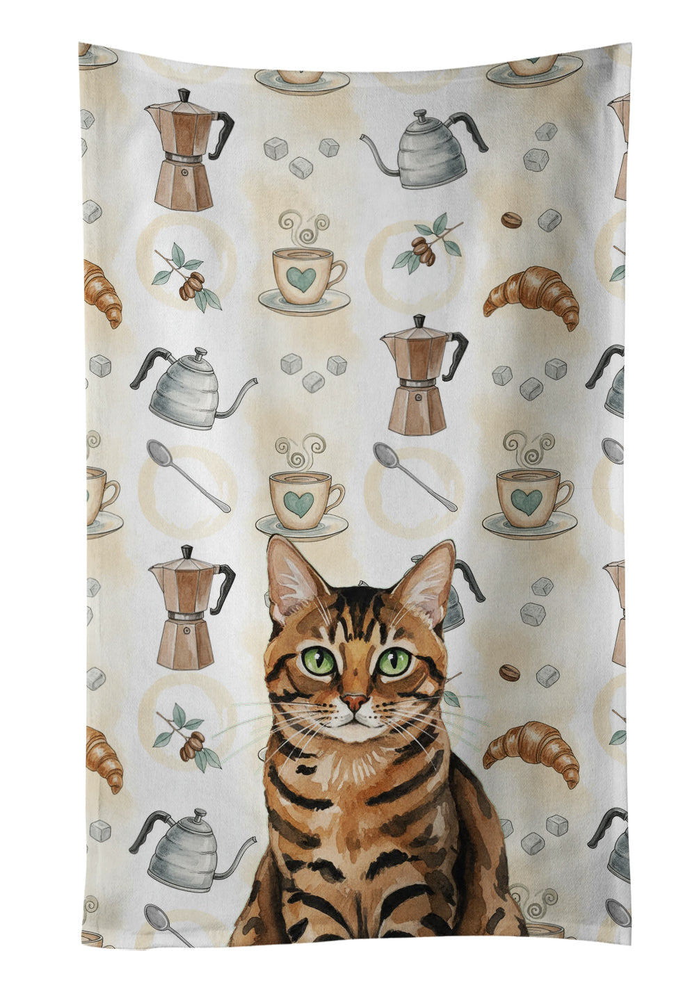 Spotted Tabby Brown Cat Coffee Time Kitchen Towel Velour Plush Front and Cotton Loop Back Machine Washable