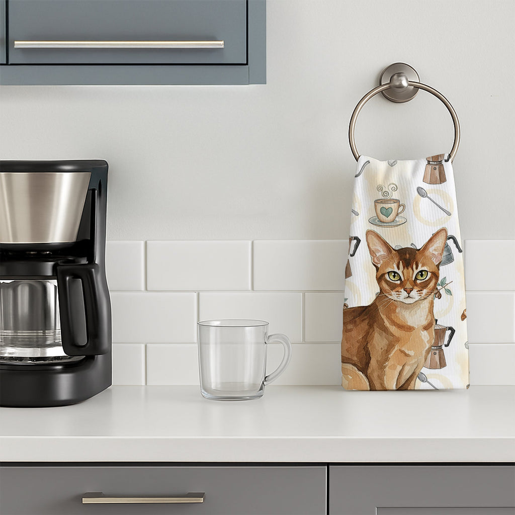 Ticked Tabby Brown Cat Coffee Time Kitchen Towel Velour Plush Front and Cotton Loop Back Machine Washable