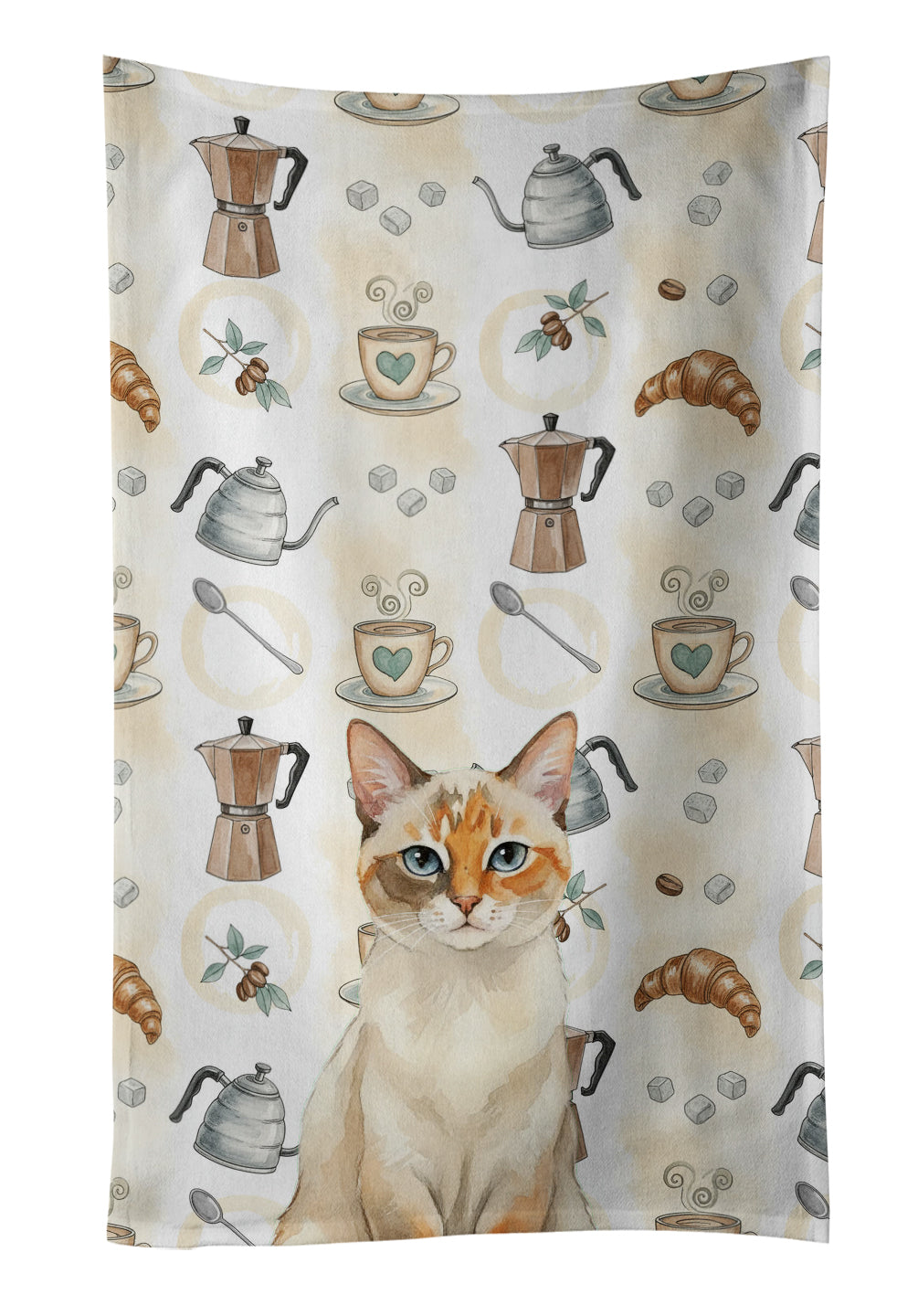 Tortie Point  Cat Coffee Time Kitchen Towel Velour Plush Front and Cotton Loop Back Machine Washable