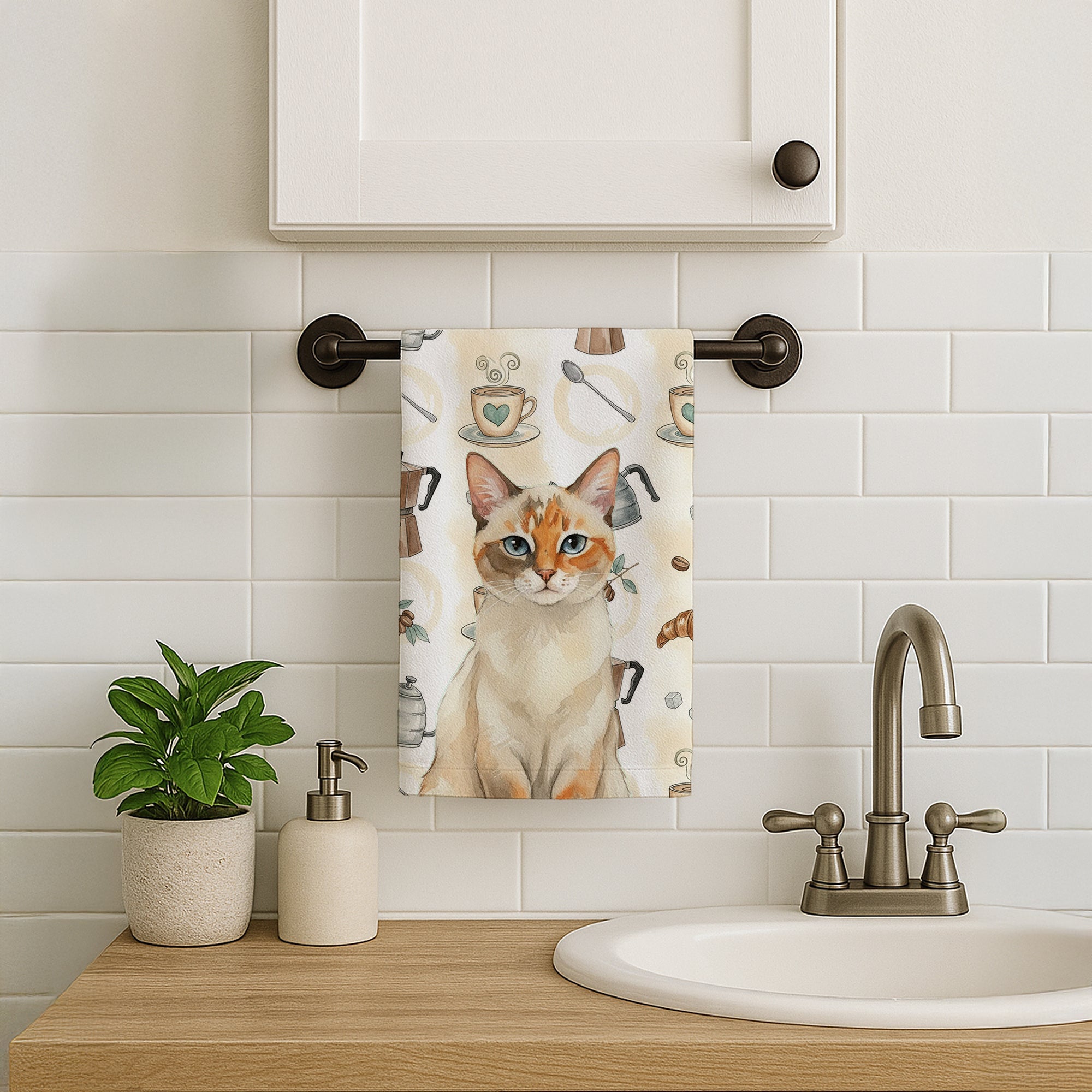 Tortie Point  Cat Coffee Time Kitchen Towel Velour Plush Front and Cotton Loop Back Machine Washable