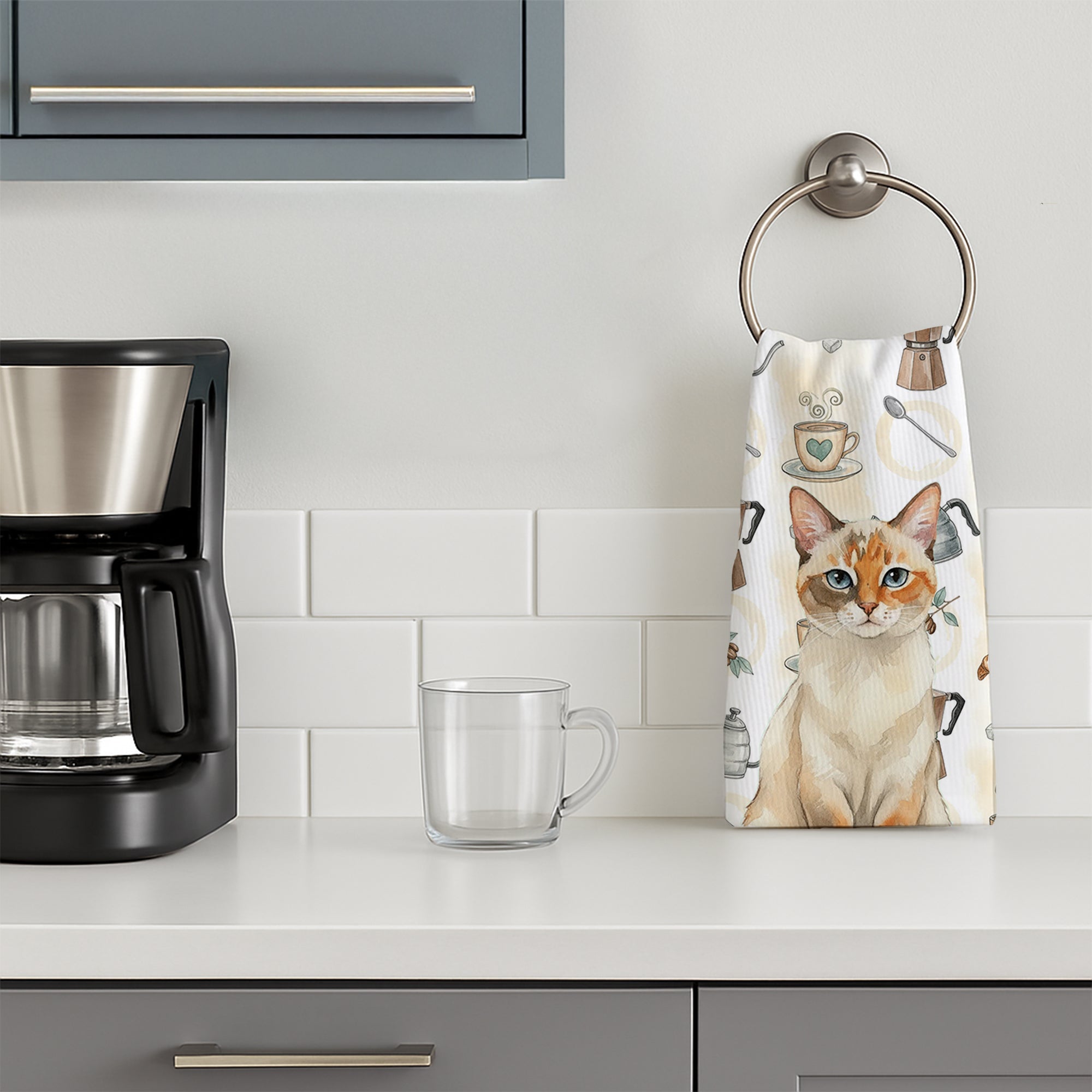 Tortie Point  Cat Coffee Time Kitchen Towel Velour Plush Front and Cotton Loop Back Machine Washable