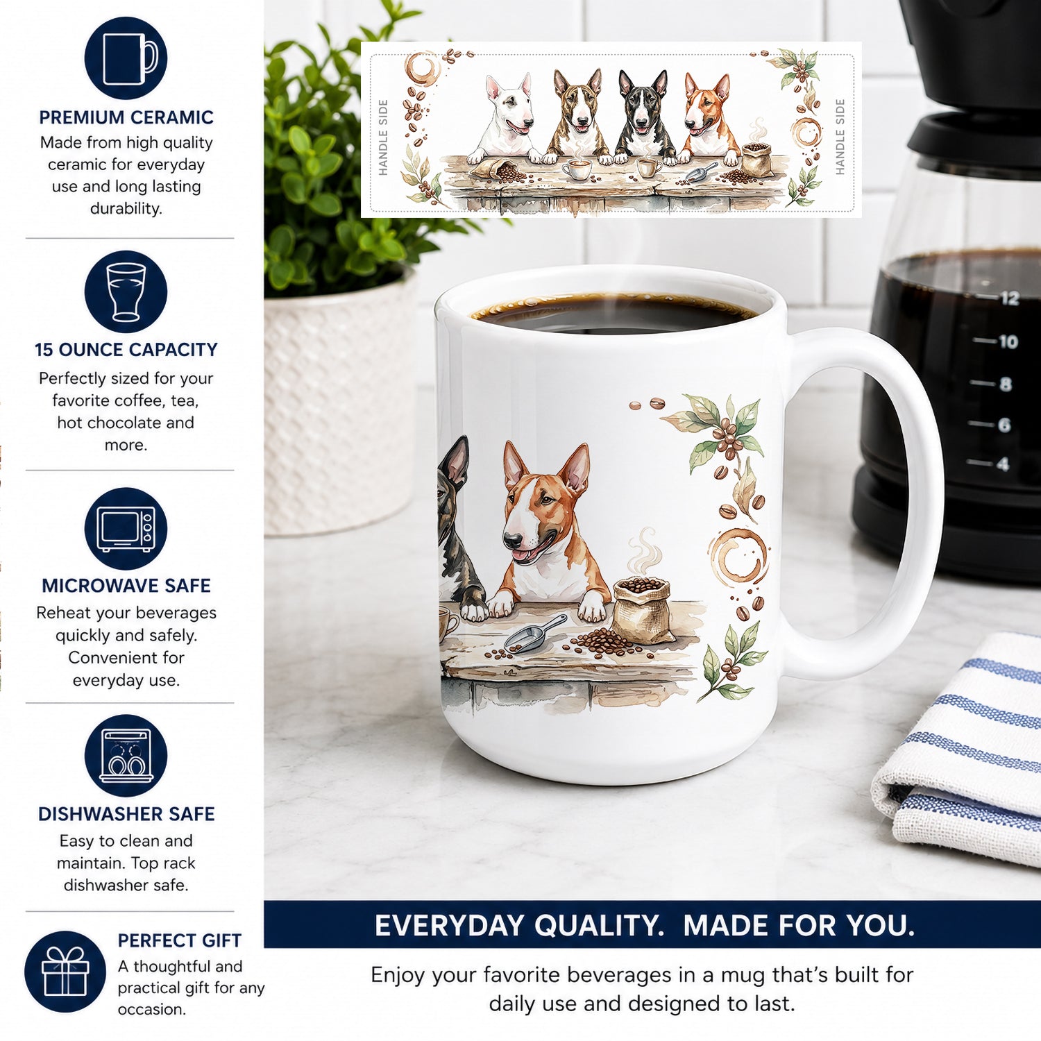 Bull Terriers Morning Coffee Ceramic Coffee Mug 15 oz Decorative Large C Handle Mug Cup for Tea, Cocoa Hot Chocolate