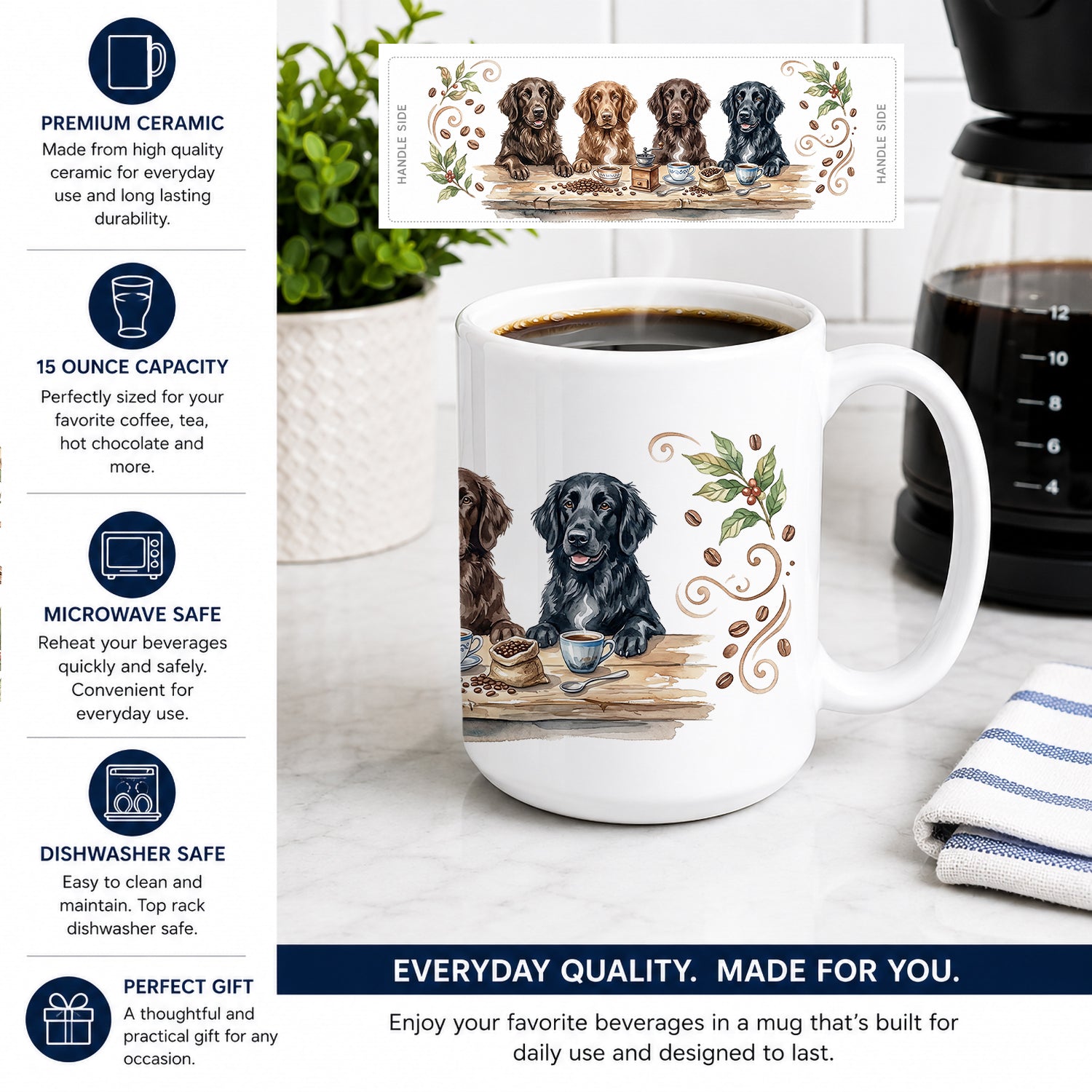 Flat Coated Retrievers Morning Coffee Ceramic Coffee Mug 15 oz Decorative Large C Handle Mug Cup for Tea, Cocoa Hot Chocolate