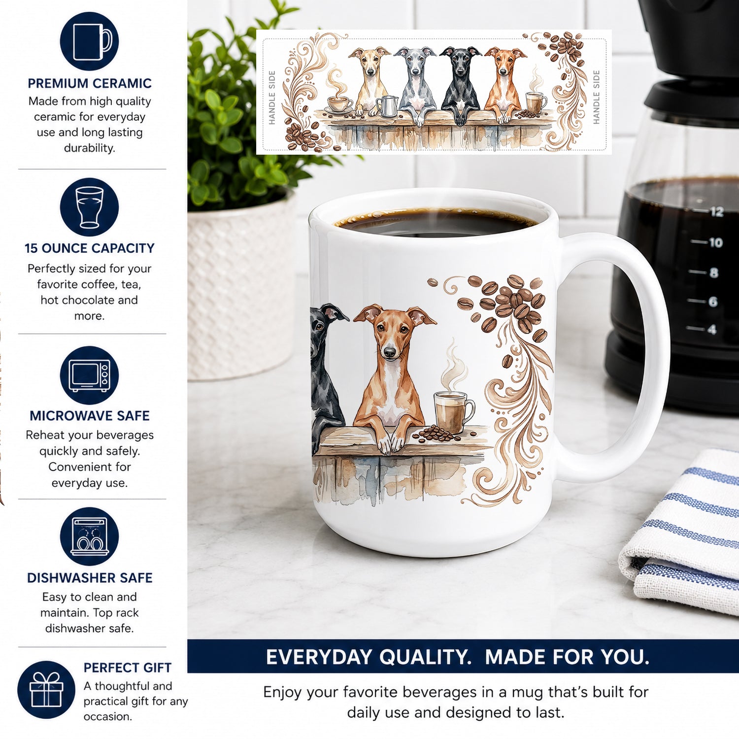 Italian Greyhounds Morning Coffee Ceramic Coffee Mug 15 oz Decorative Large C Handle Mug Cup for Tea, Cocoa Hot Chocolate