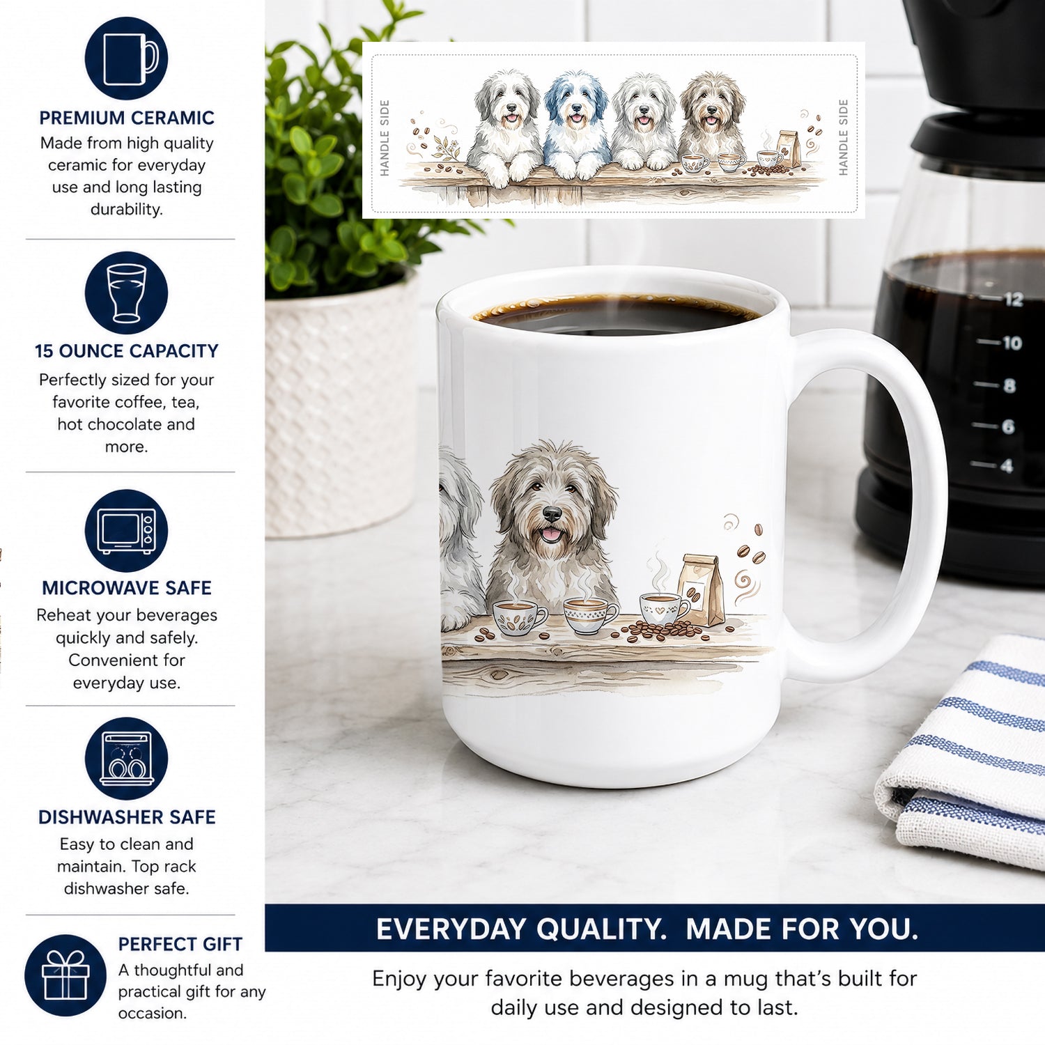 Old English Sheepdogs Morning Coffee Ceramic Coffee Mug 15 oz Decorative Large C Handle Mug Cup for Tea, Cocoa Hot Chocolate