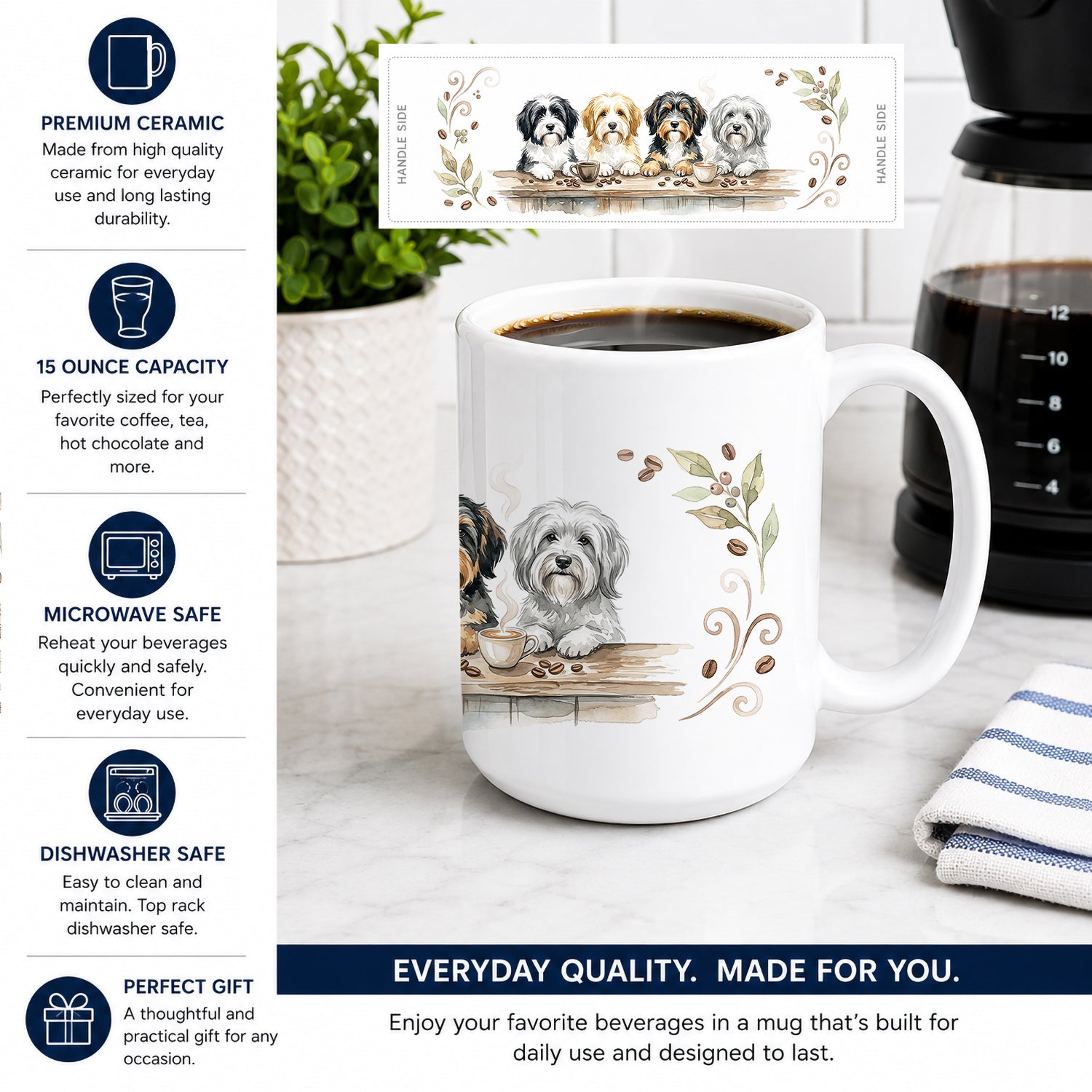 Tibetan Terriers Morning Coffee Ceramic Coffee Mug 15 oz Decorative Large C Handle Mug Cup for Tea, Cocoa Hot Chocolate