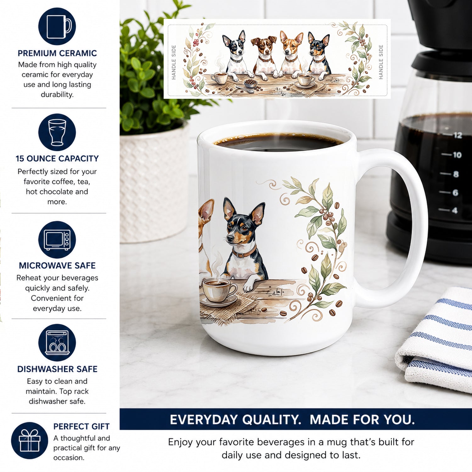 Toy Fox Terriers Morning Coffee Ceramic Coffee Mug 15 oz Decorative Large C Handle Mug Cup for Tea, Cocoa Hot Chocolate