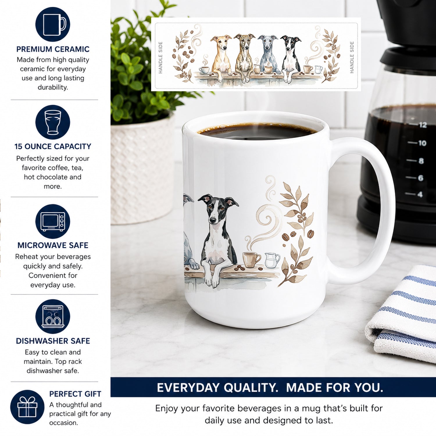Whippets Morning Coffee Ceramic Coffee Mug 15 oz Decorative Large C Handle Mug Cup for Tea, Cocoa Hot Chocolate