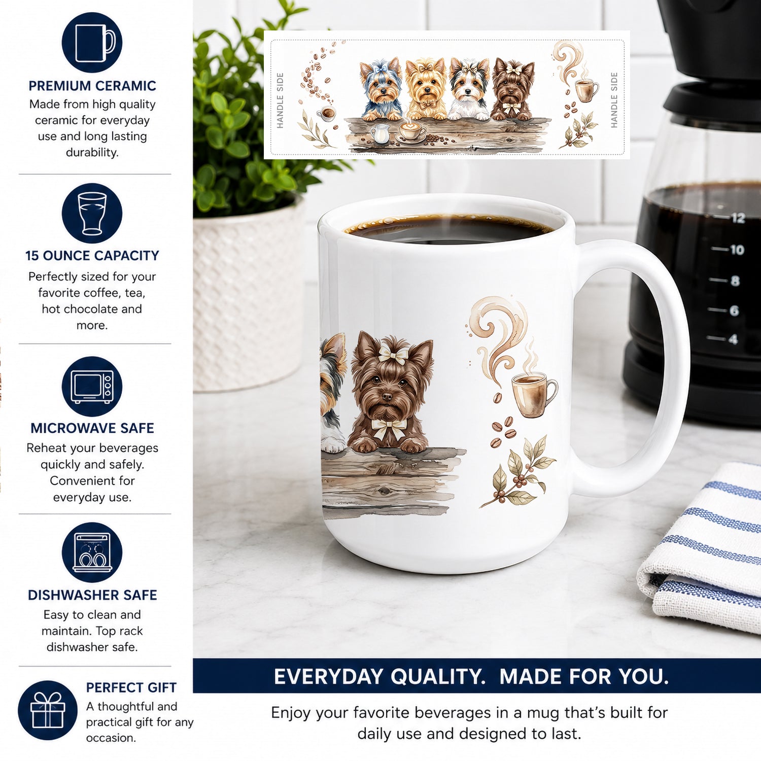 Yorkshire Terriers Morning Coffee Ceramic Coffee Mug 15 oz Decorative Large C Handle Mug Cup for Tea, Cocoa Hot Chocolate