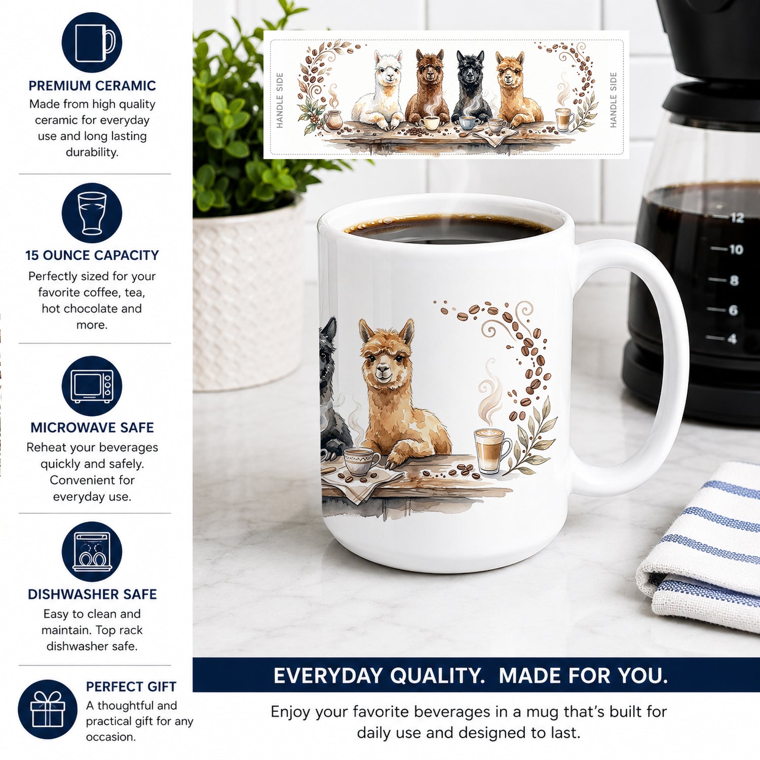 Alpacas Morning Coffee Ceramic Coffee Mug 15 oz Decorative Large C Handle Mug Cup for Tea, Cocoa Hot Chocolate