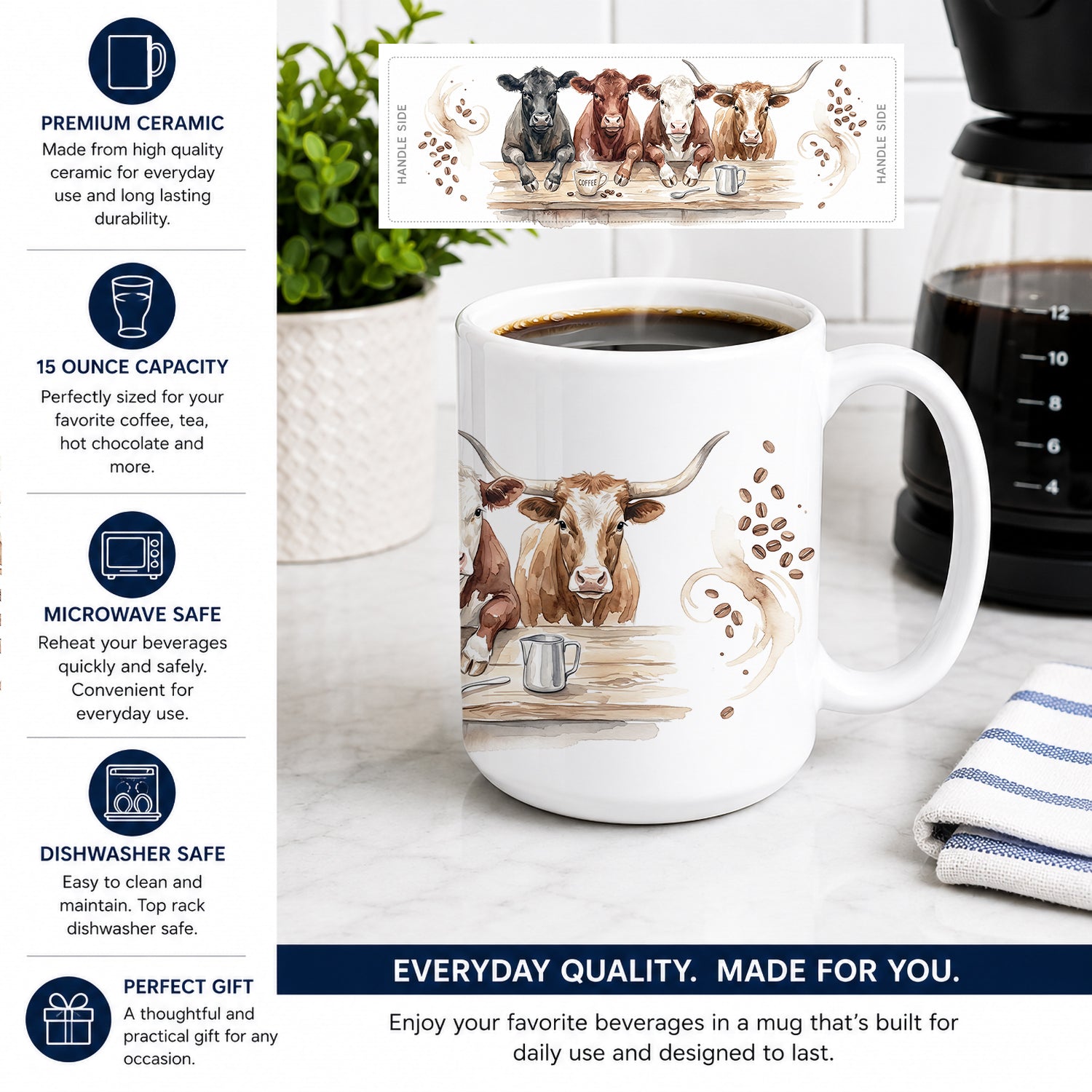 Beef Cattle Cow Coffee Ceramic Coffee Mug 15 oz Decorative Large C Handle Mug Cup for Tea, Cocoa Hot Chocolate