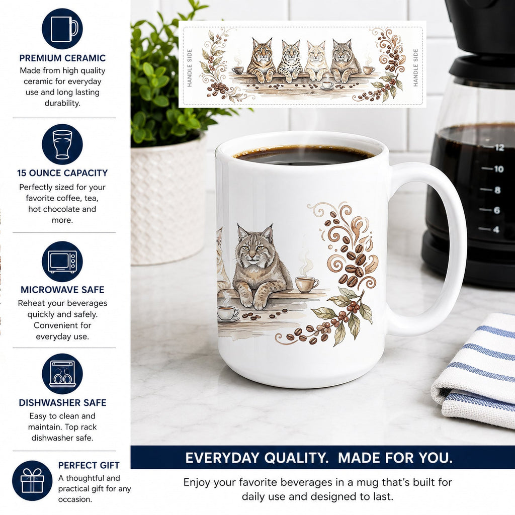 Bobcats Morning Coffee Ceramic Coffee Mug 15 oz Decorative Large C Handle Mug Cup for Tea, Cocoa Hot Chocolate