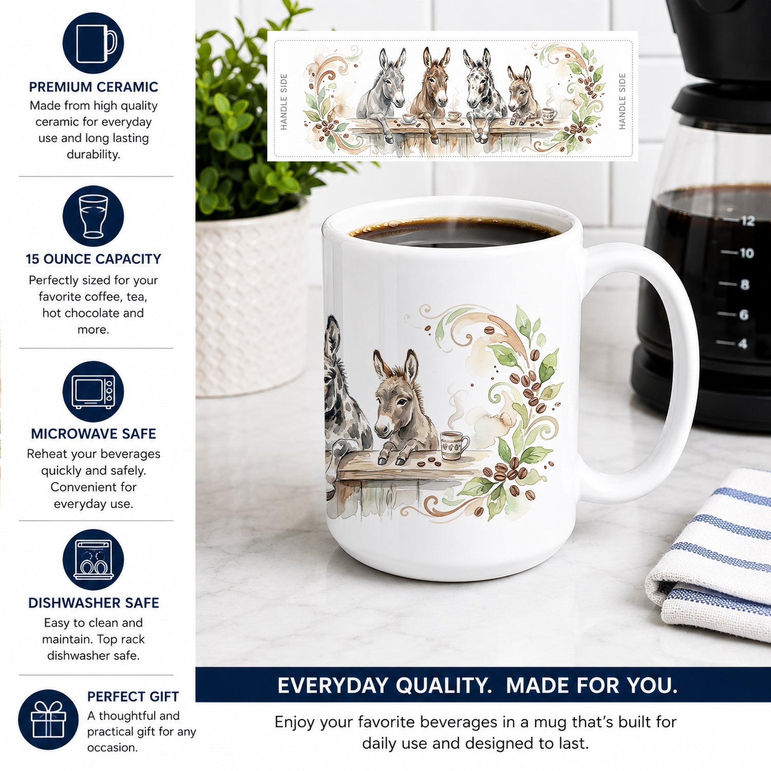 Donkeys Morning Coffee Ceramic Coffee Mug 15 oz Decorative Large C Handle Mug Cup for Tea, Cocoa Hot Chocolate