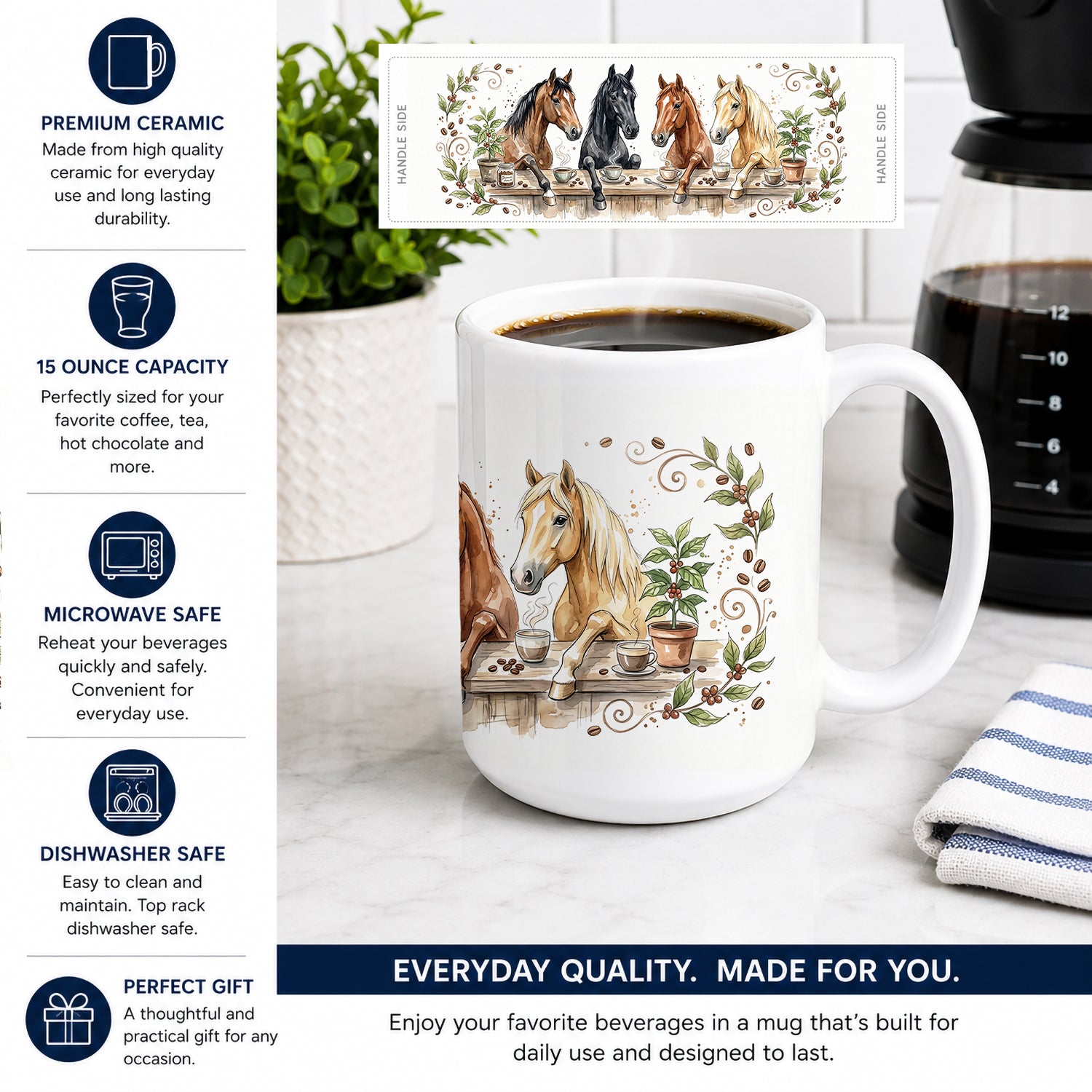 Horses Morning Coffee Ceramic Coffee Mug 15 oz Decorative Large C Handle Mug Cup for Tea, Cocoa Hot Chocolate