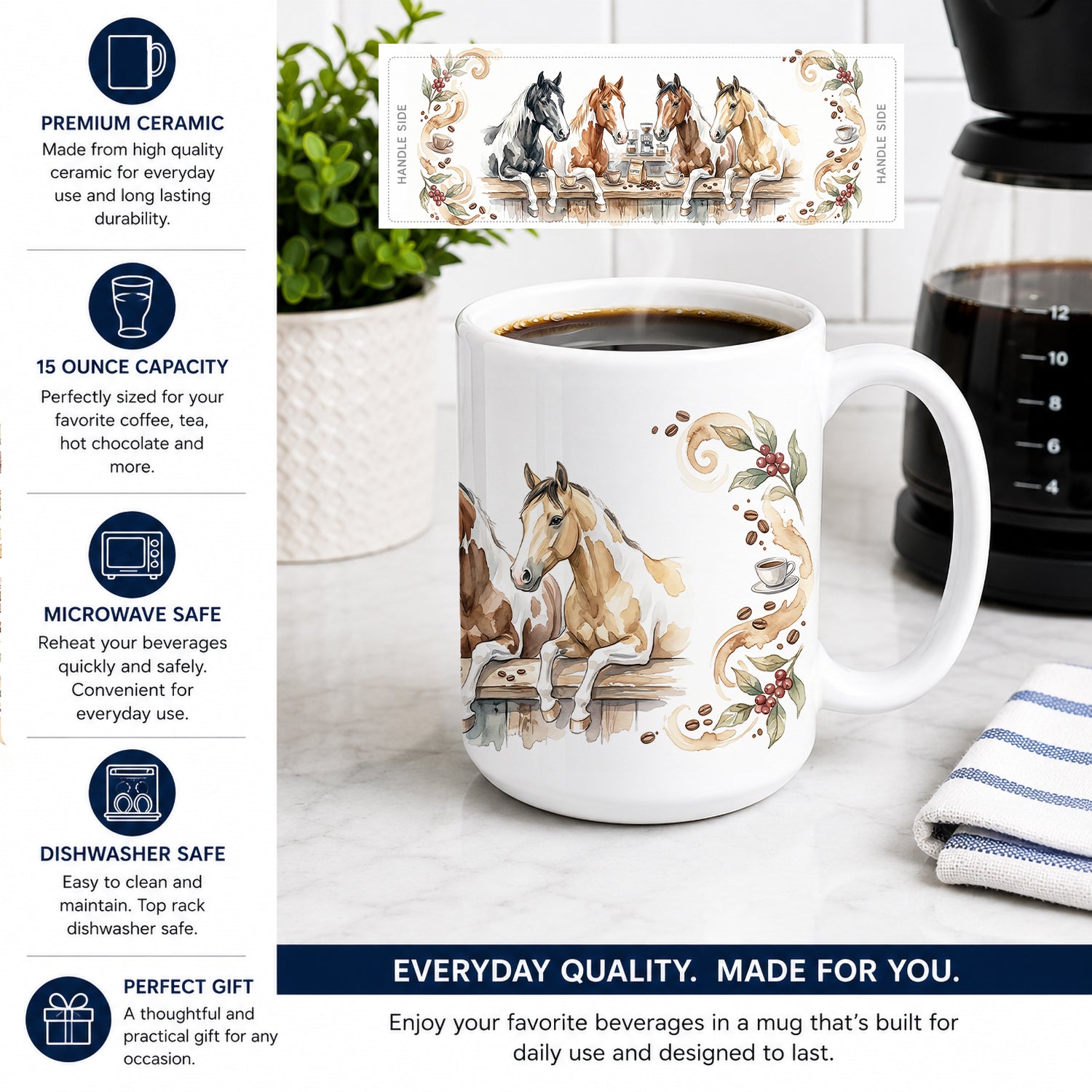 Paint Horses Morning Coffee Ceramic Coffee Mug 15 oz Decorative Large C Handle Mug Cup for Tea, Cocoa Hot Chocolate