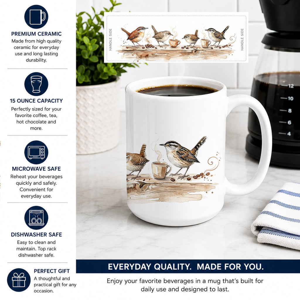 Wrens Morning Coffee Ceramic Coffee Mug 15 oz Decorative Large C Handle Mug Cup for Tea, Cocoa Hot Chocolate