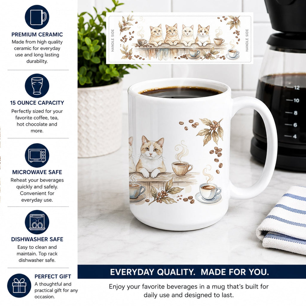 Cream Cats Morning Coffee Ceramic Coffee Mug 15 oz Decorative Large C Handle Mug Cup for Tea, Cocoa Hot Chocolate
