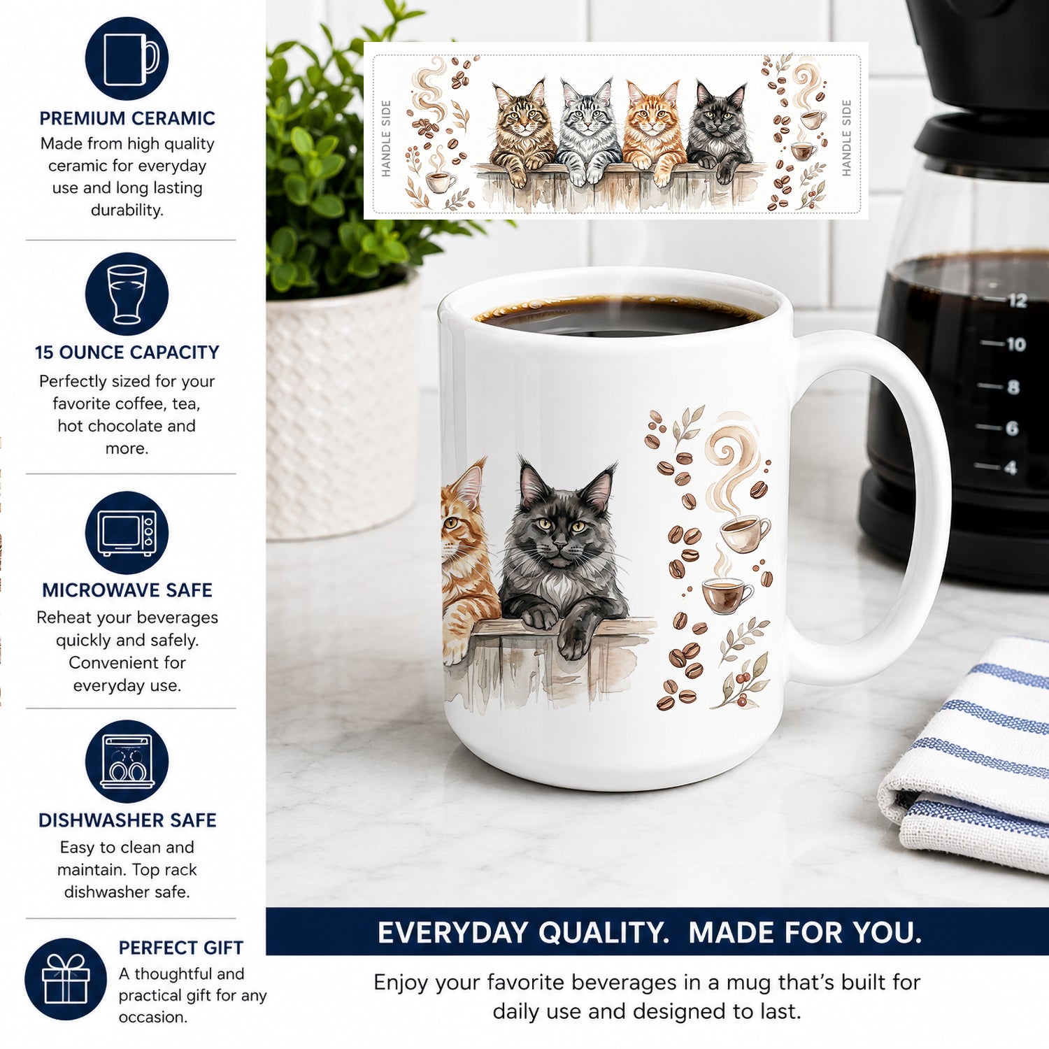 Maine Coon Cats Morning Coffee Ceramic Coffee Mug 15 oz Decorative Large C Handle Mug Cup for Tea, Cocoa Hot Chocolate