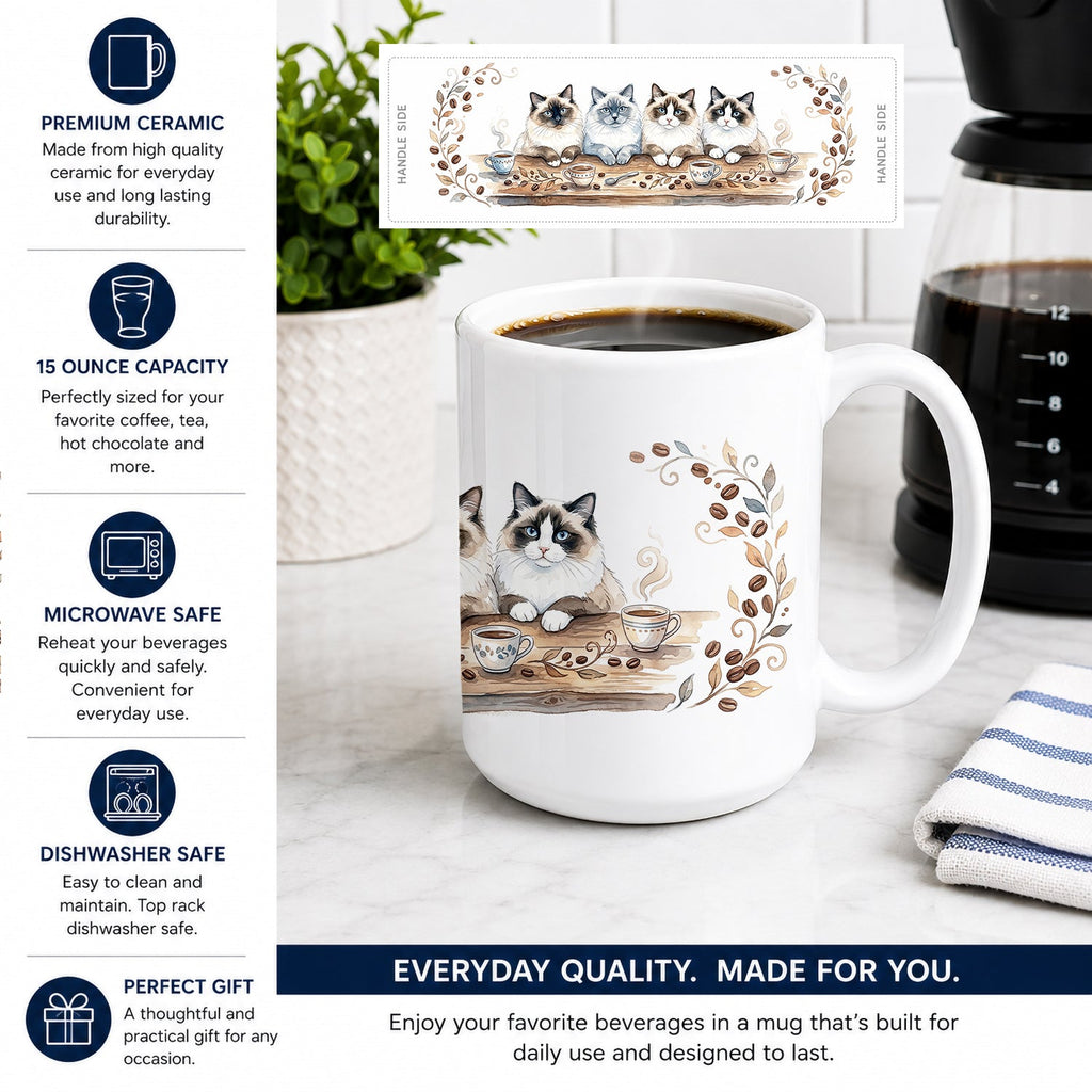 Ragdoll Cats Morning Coffee Ceramic Coffee Mug 15 oz Decorative Large C Handle Mug Cup for Tea, Cocoa Hot Chocolate