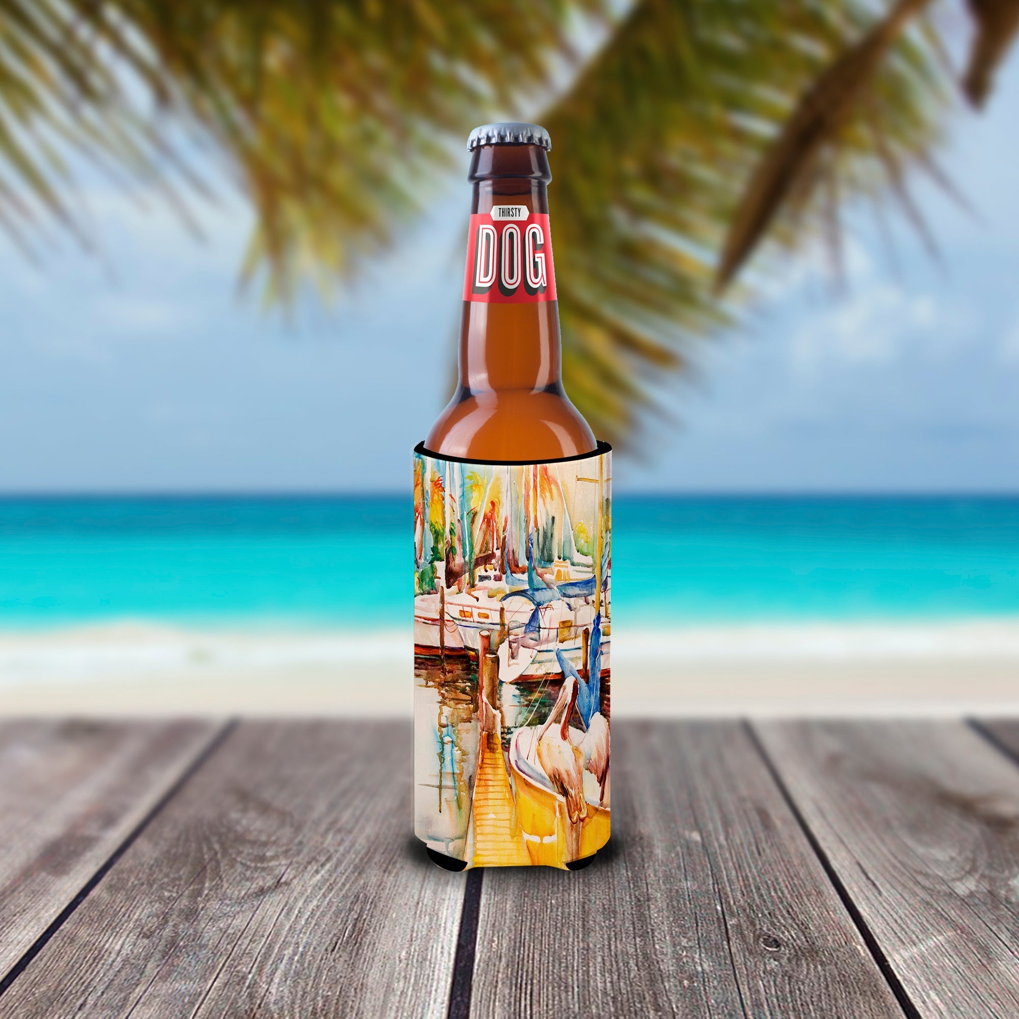 Sailboats and Pelicans Slim Can Hugger , Insulated Foam Hugger for 12 oz Slim Cans, Beer Bottles & Water Bottles, Printed in USA