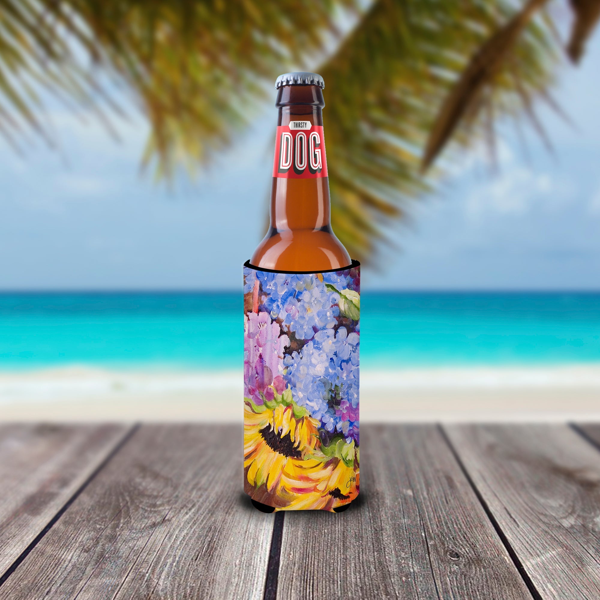 Hydrangeas and Sunflowers Slim Can Hugger , Insulated Foam Hugger for 12 oz Slim Cans, Beer Bottles & Water Bottles, Printed in USA