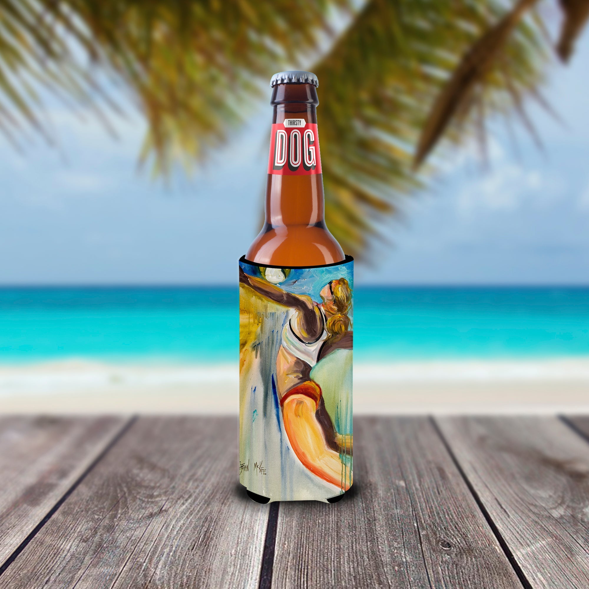 Beach Volleyball Slim Can Hugger , Insulated Foam Hugger for 12 oz Slim Cans, Beer Bottles & Water Bottles, Printed in USA