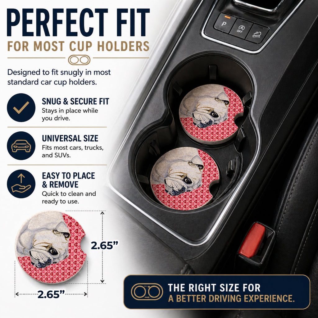 Bulldog English Hearts Love Valentine's Day Set of 2 Cup Holder Car Coasters Absorbent Round Sandstone Coasters Gifts for Men or Women, 2.5, Multicolor
