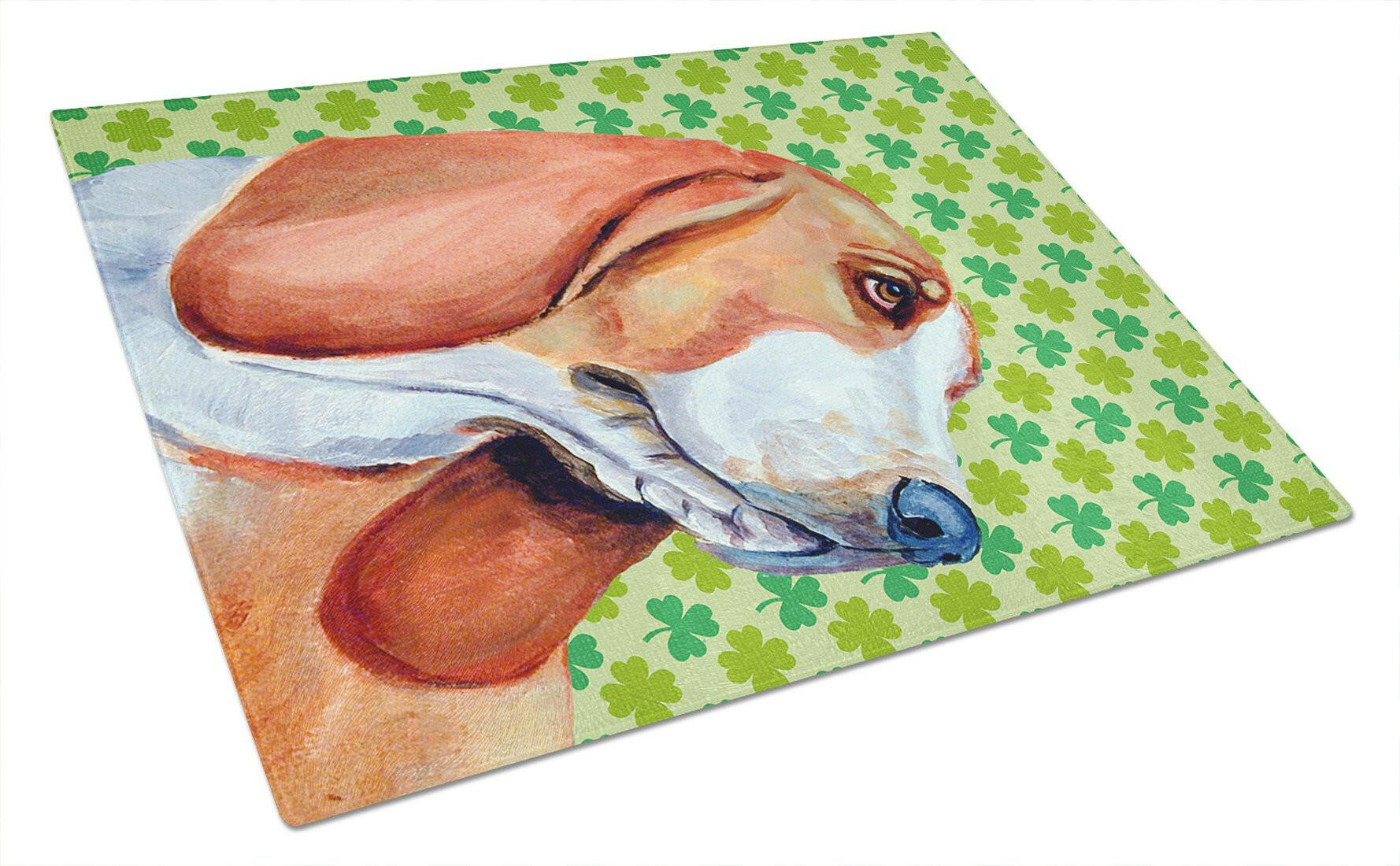 Basset Hound St. Patrick's Day Shamrock Portrait Cutting Board Tempered Glass Kitchen Cutting Surface, Heat Resistant Chopping, Non-Slip Feet, Food Prep & Serving
