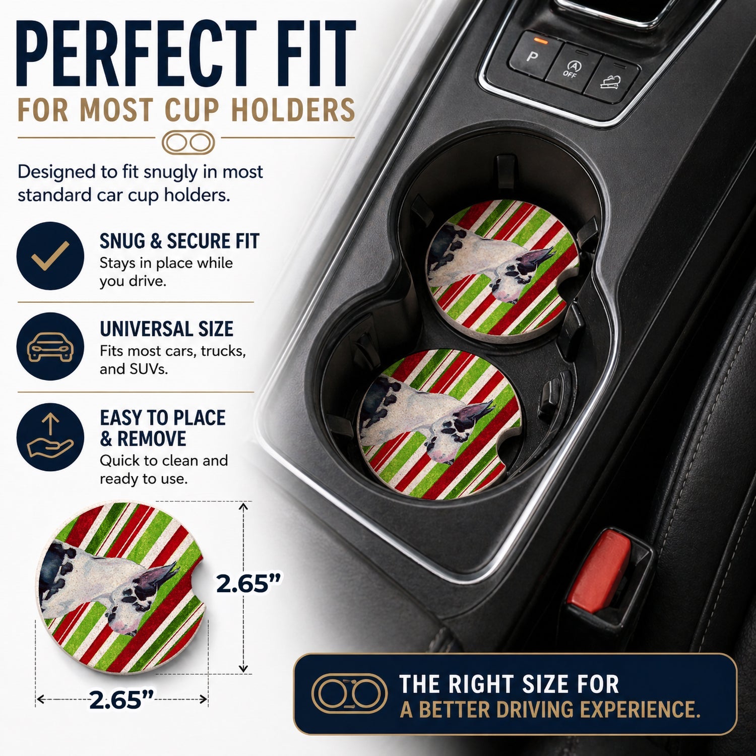 Great Dane Candy Cane Holiday Christmas Set of 2 Cup Holder Car Coasters Absorbent Round Sandstone Coasters Gifts for Men or Women, 2.5, Multicolor