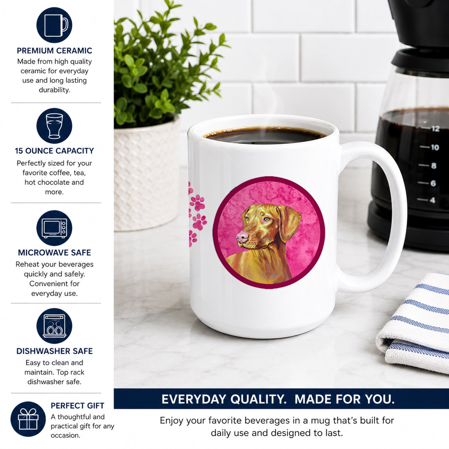 Pink Vizsla Ceramic Coffee Mug 15 oz Decorative Large C Handle Mug Cup for Tea, Cocoa Hot Chocolate