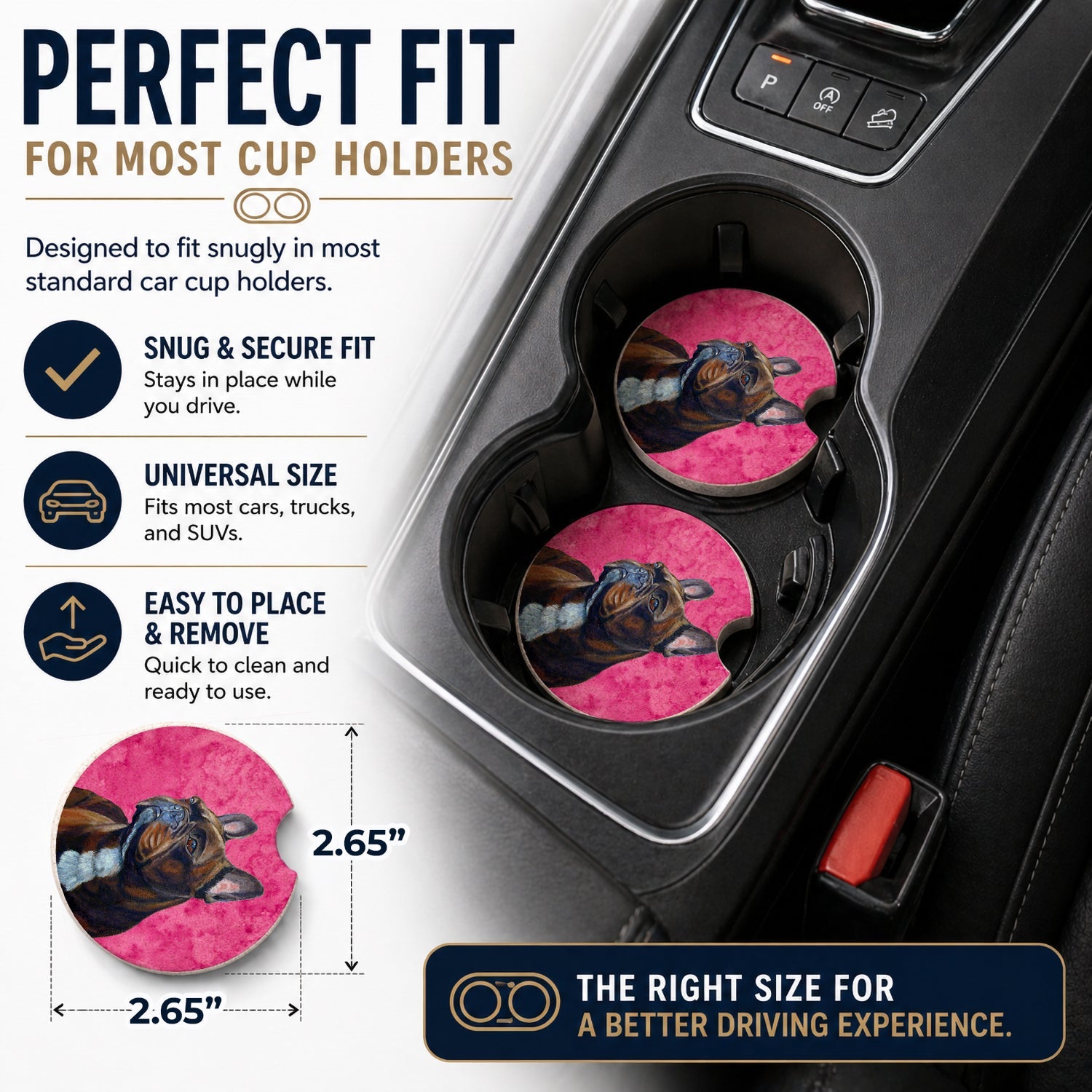 Pink French Bulldog Set of 2 Cup Holder Car Coasters Absorbent Round Sandstone Coasters Gifts for Men or Women, 2.5, Multicolor