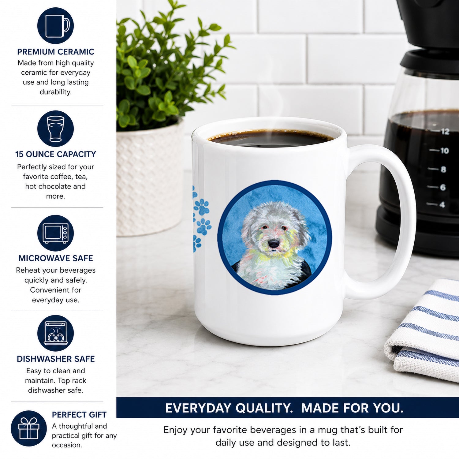 Blue Old English Sheepdog Ceramic Coffee Mug 15 oz Decorative Large C Handle Mug Cup for Tea, Cocoa Hot Chocolate