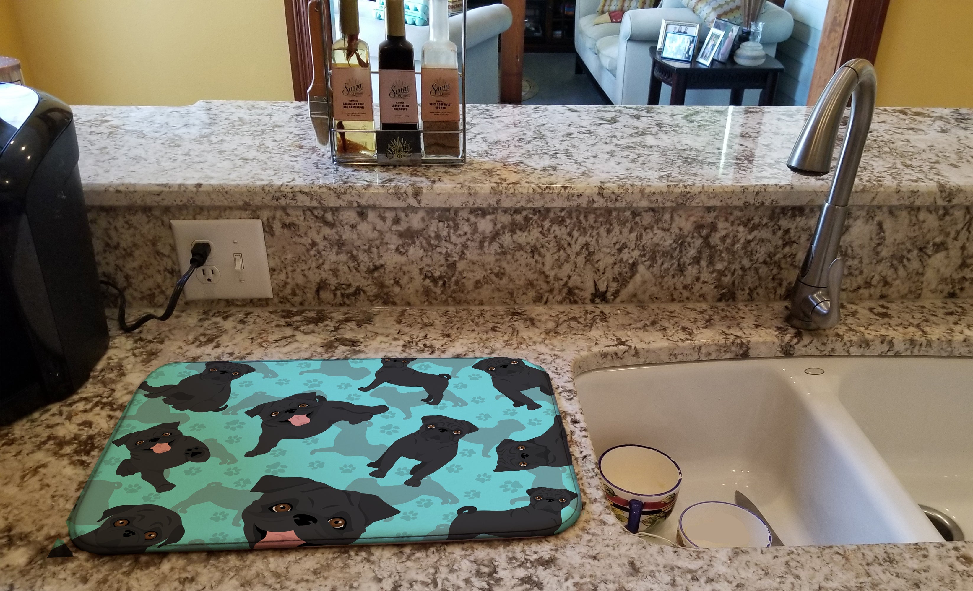 Black Pug Dish Drying Mat Absorbent Dish Drying Mat Pad for Kitchen Counter Dish Drainer Mat for Countertop, 14 x 21", Multicolor